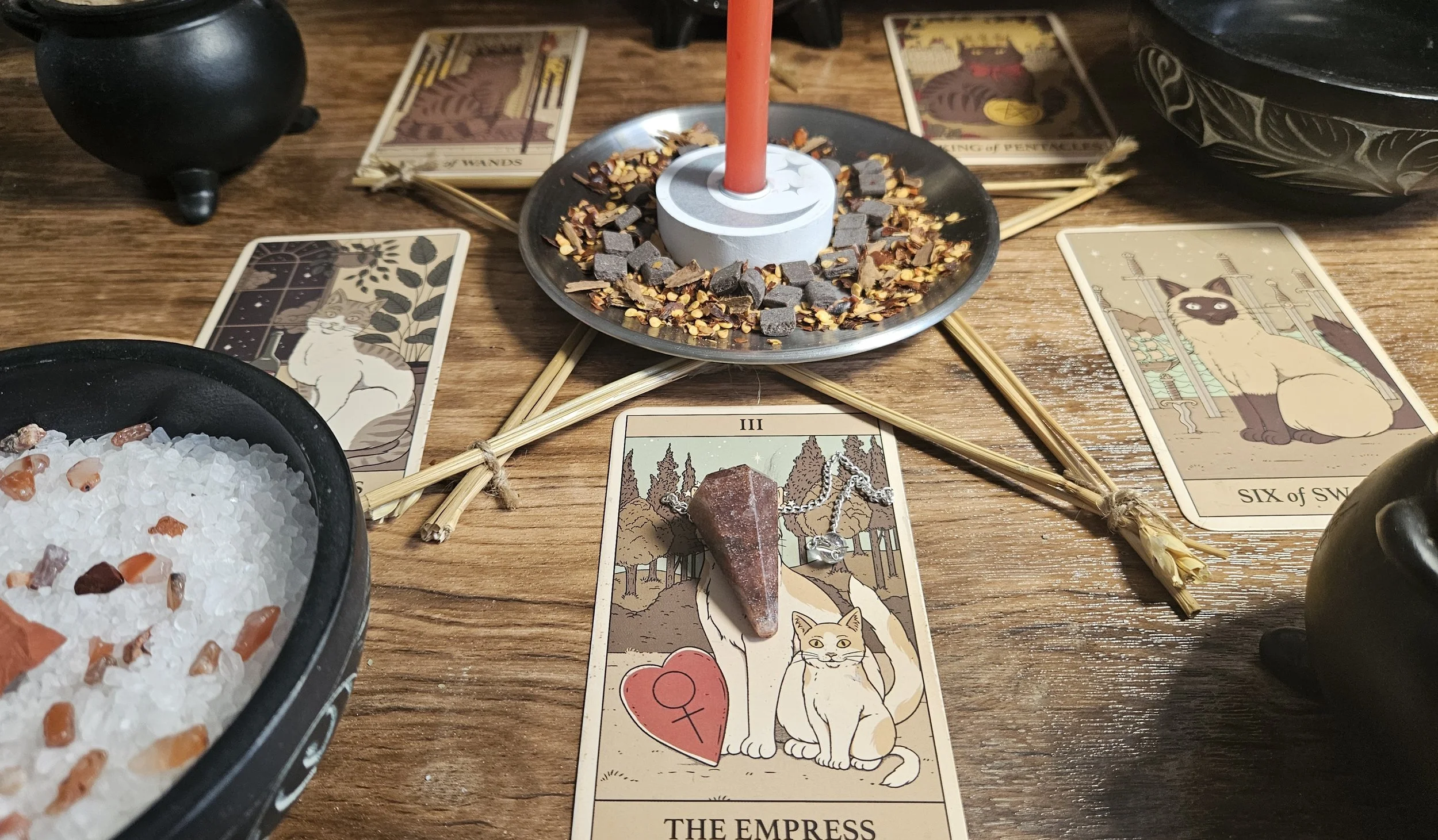 A tarot card featuring a cat beside a lit candle, symbolizing intuition and mystery in divination practices.