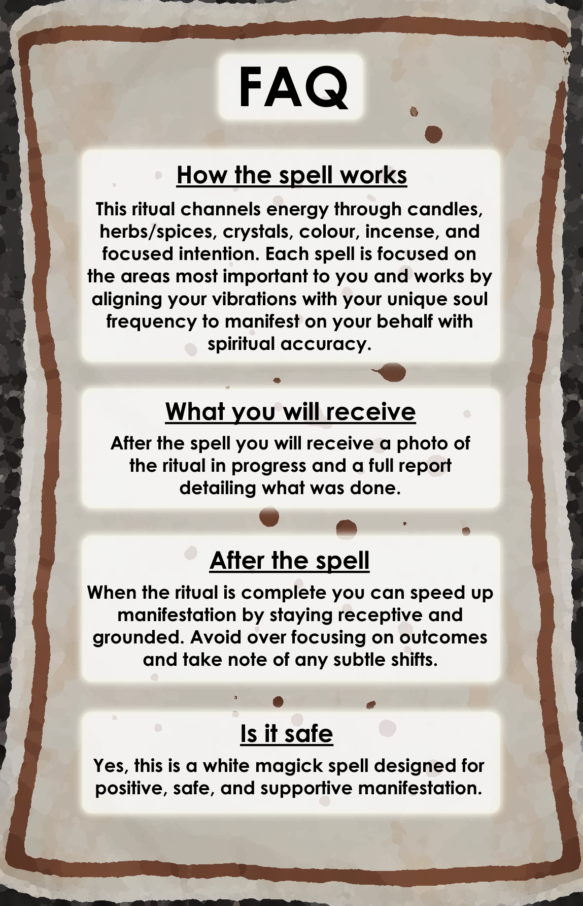 Frequently Asked Questions graphic card for the Mirror Spell continuing store policies.