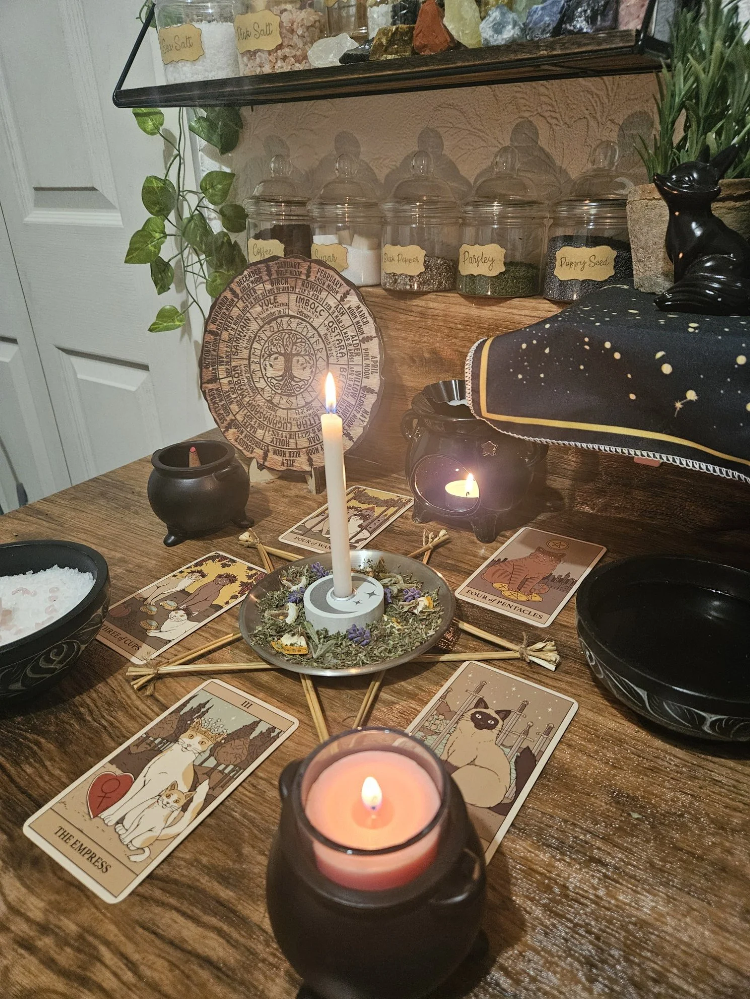 A detailed photo of the ritual setup and spell casting in progress for the Calming and Anxiety emotional healing and relaxation spell.