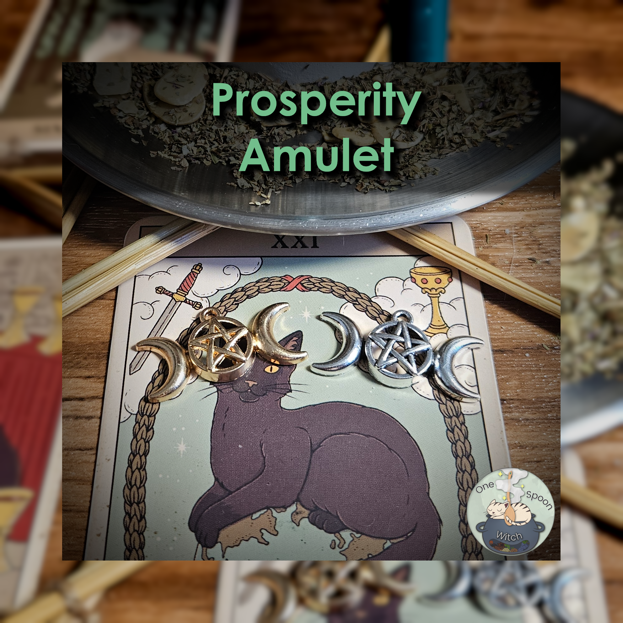 Tarot card depicting a prosperity amulet, featuring symbols of wealth and abundance in vibrant colors.