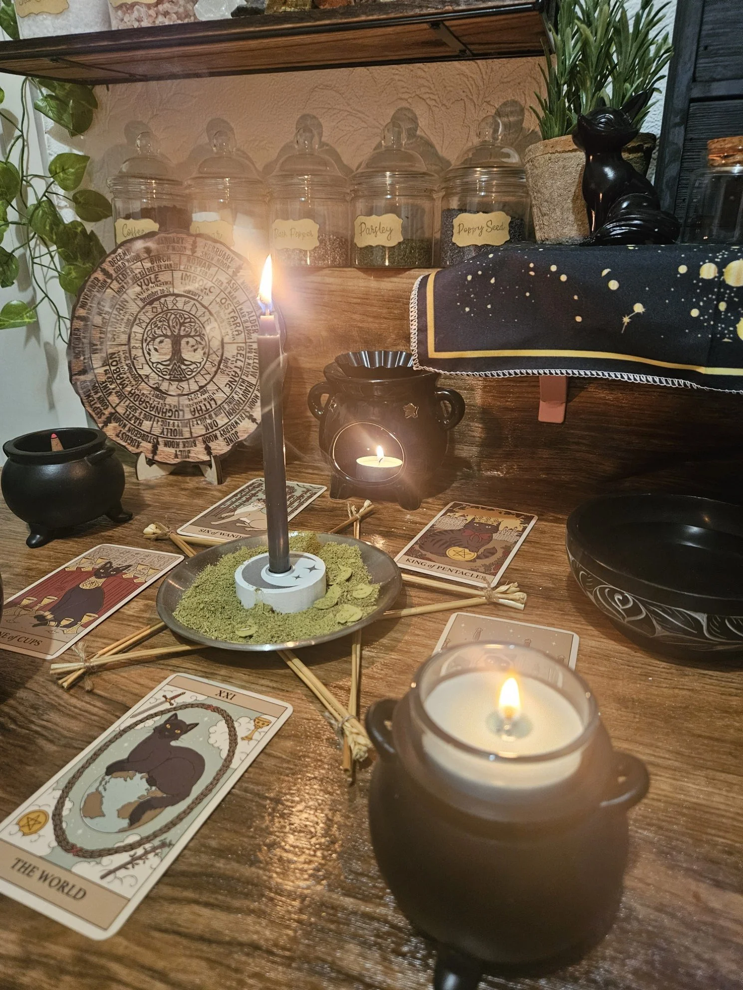An authentic white magick money and prosperity spell being cast on an altar with smoking incense, burning green candles, and custom intention scripts for fast wealth manifestation.