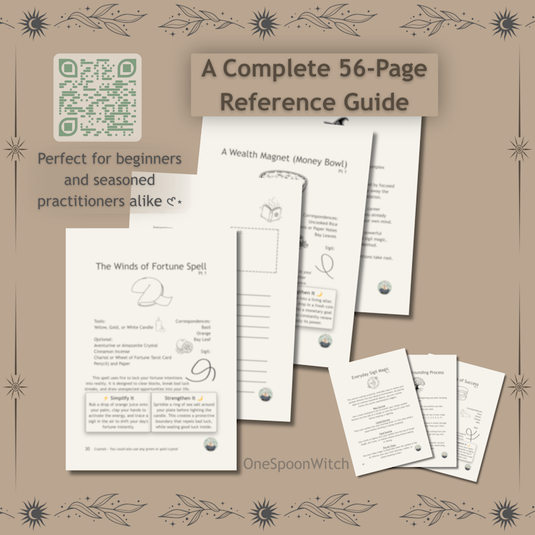 A layered layout stack of internal cream guide pages showing kitchen witchery recipes and step-by-step prosperity spells for modern witchcraft beginners.
