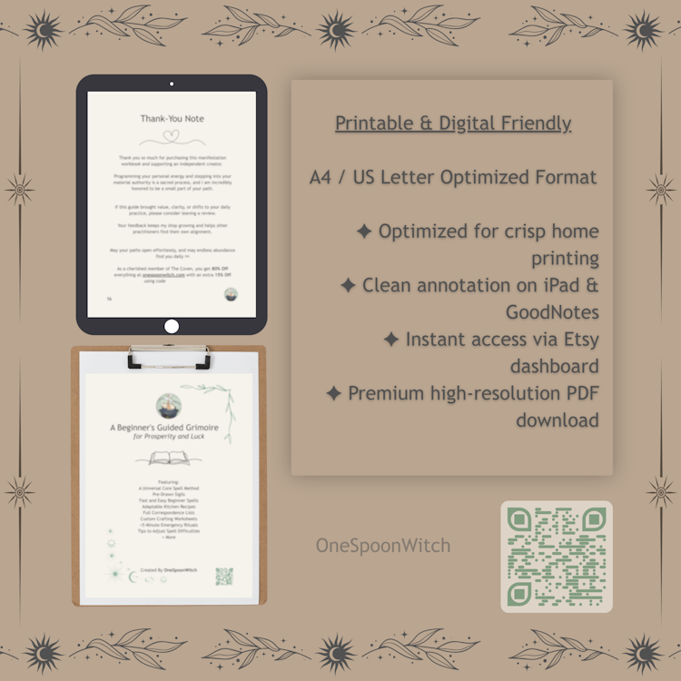 A digital iPad tablet displaying the grimoire cover next to a physical printed spell log sheet on a wooden clipboard showing printable and digital friendly layout information.