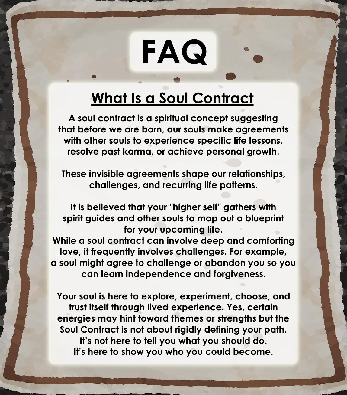 Frequently Asked Questions graphic card for the Soul Contract Tarot Reading.