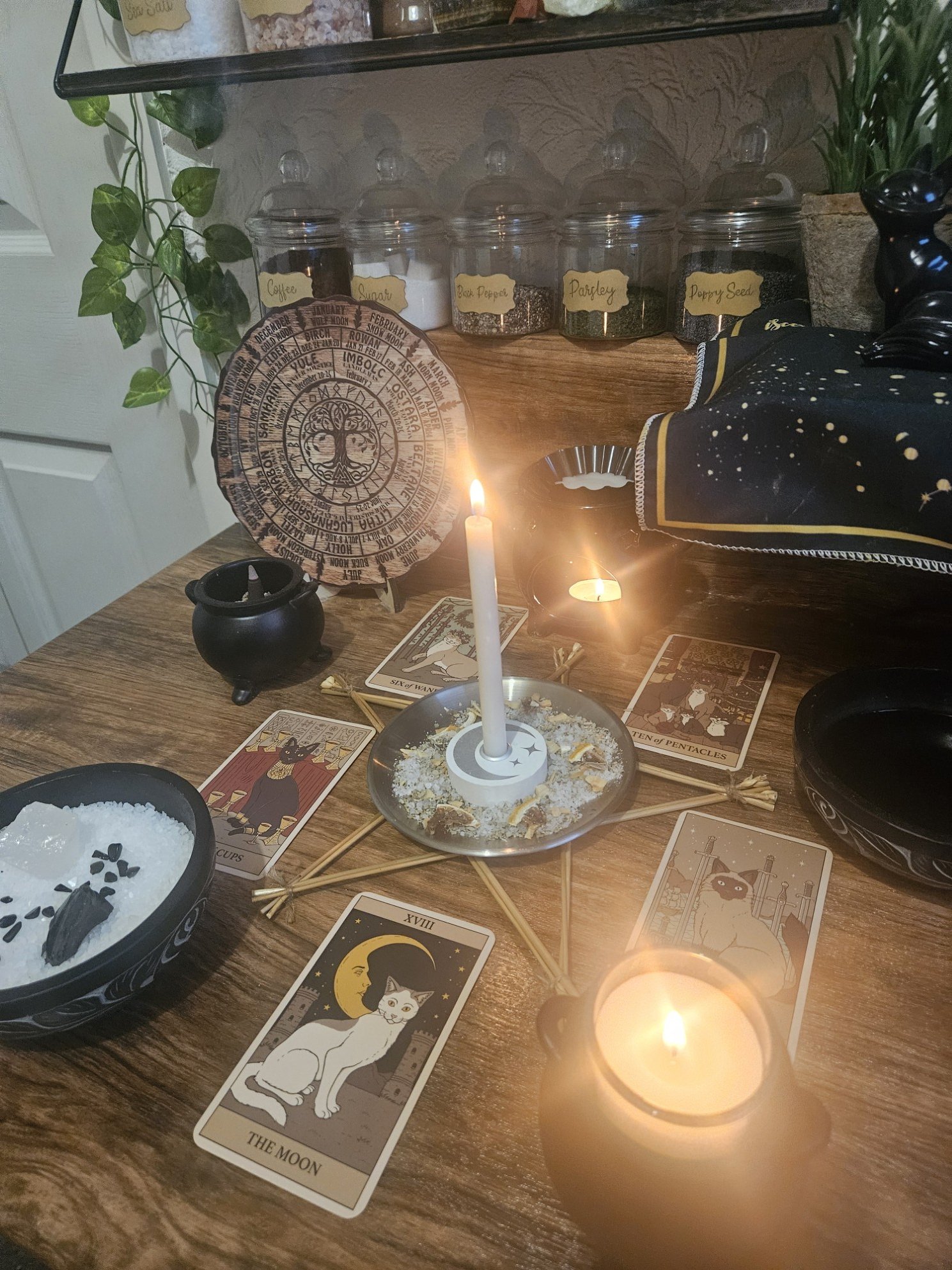 A detailed photo of the ritual setup and spell casting in progress for the Curse and Hex Removal protection and purification spell.