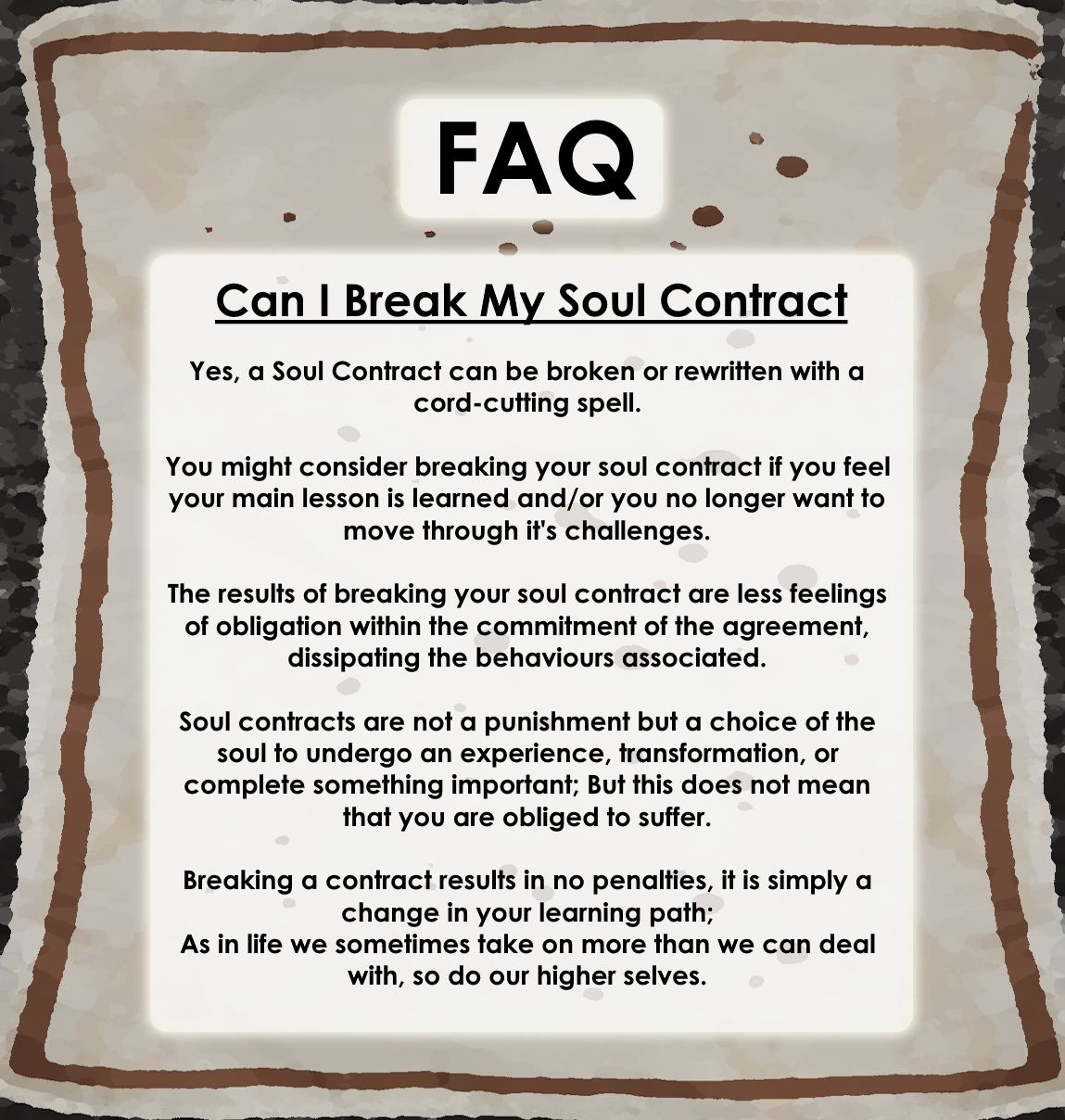 Third Frequently Asked Questions graphic card for the Soul Contract Tarot Reading with additional shop details.