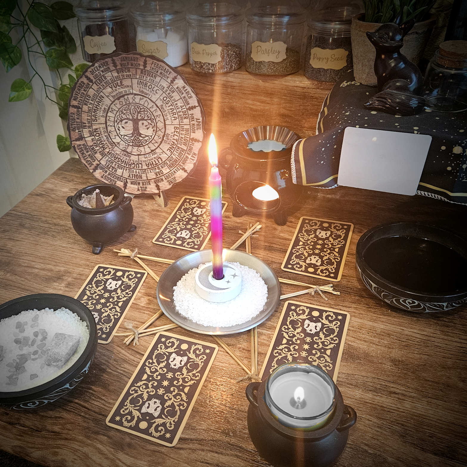 A detailed photo of the complex ritual setup and custom spell casting in progress for the combined multi-spell package.