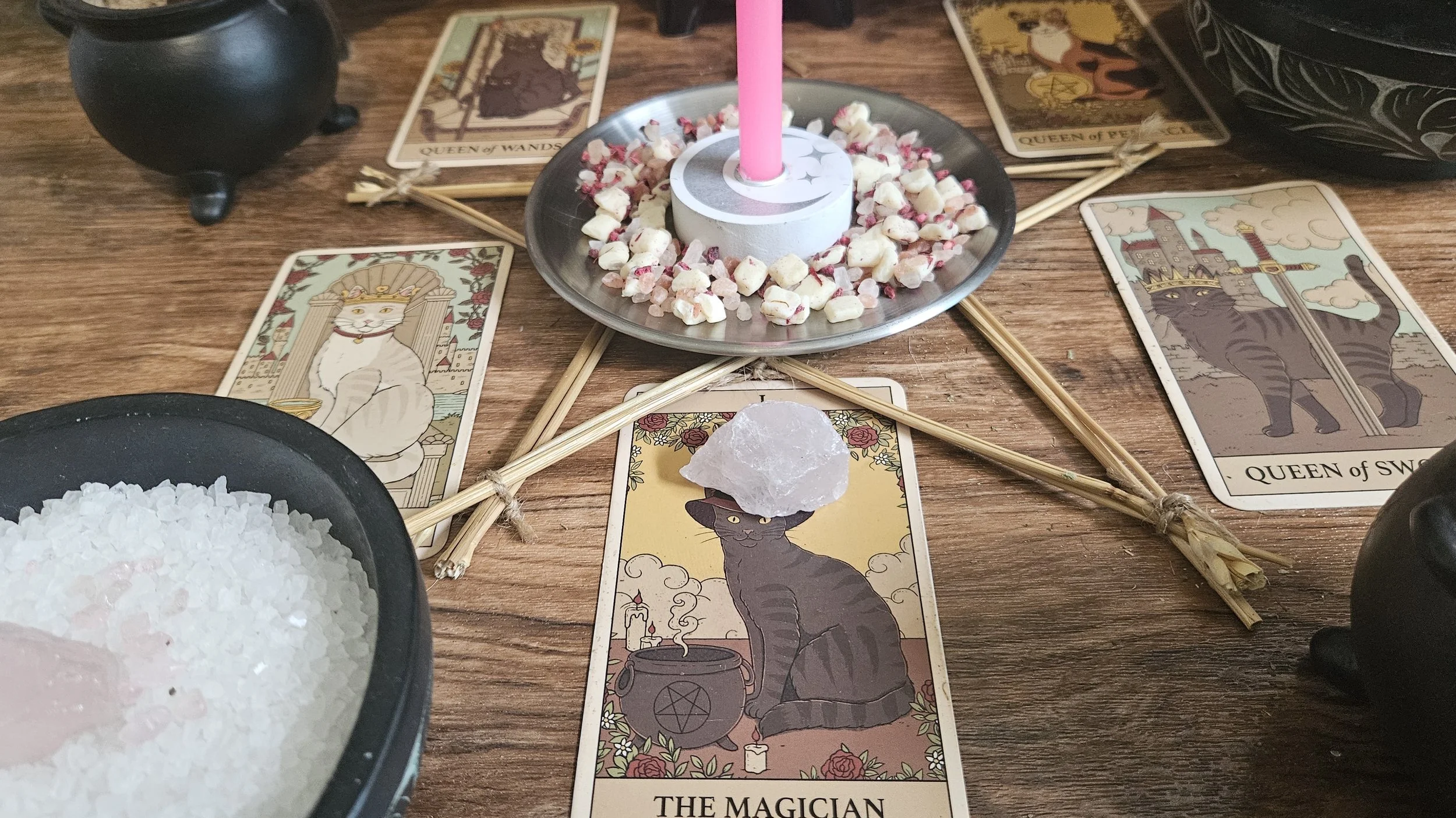 A tarot card depicting the Magician, showcasing symbols of power, skill, and manifestation in a mystical setting.