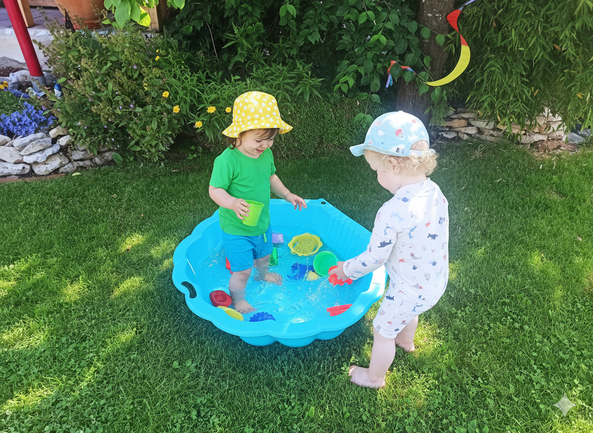 Kinder spielen im Planschbecken bei der Tagesmutter Ulm.