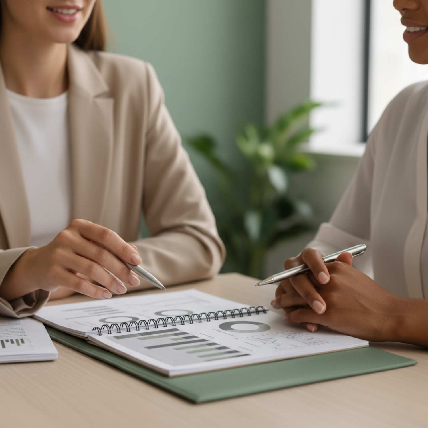 Deux femmes d'affaires discutant lors d'une réunion, avec un document contenant des graphiques et des graphiques à barres sur la table.