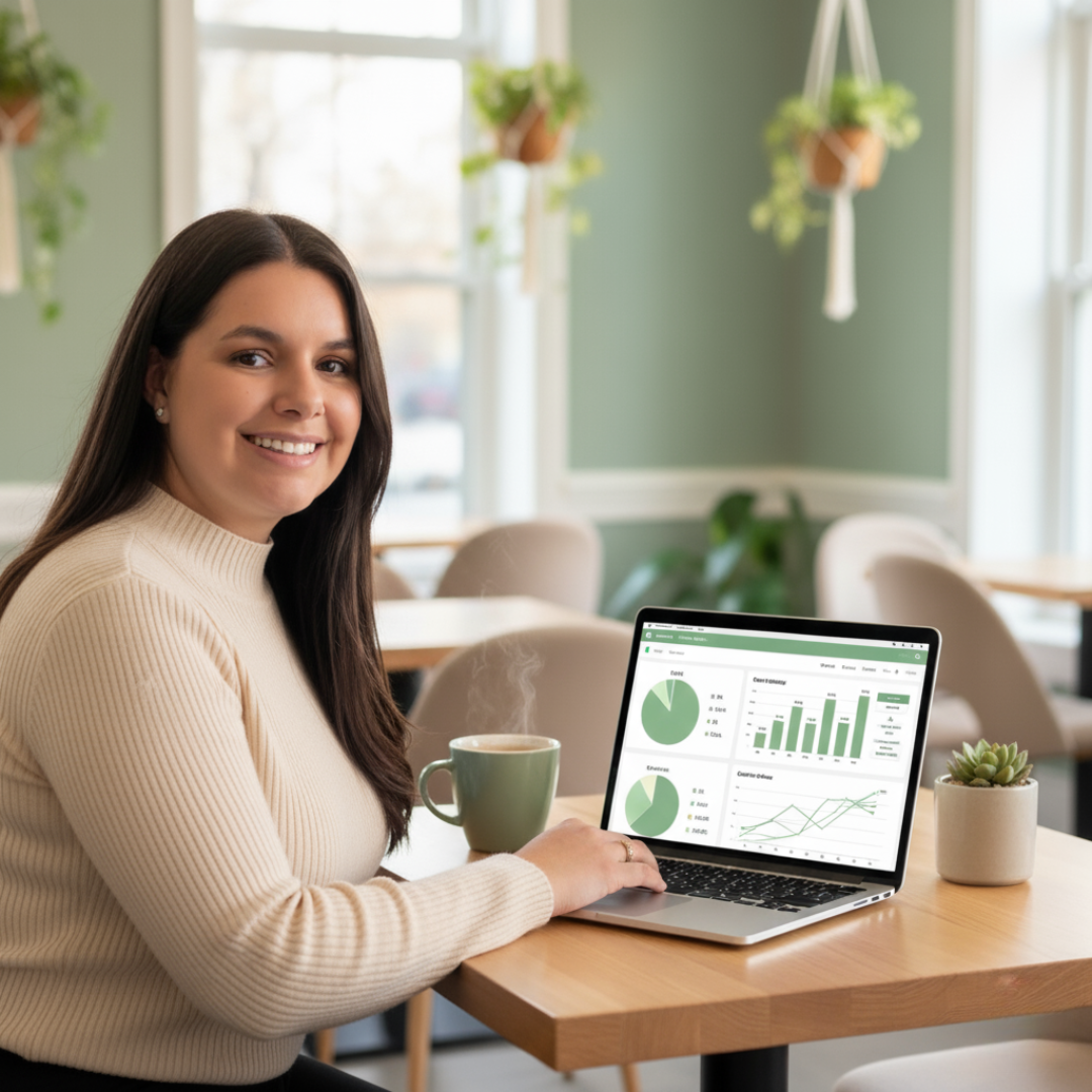 Une femme souriante dans un café, travaillant sur un ordinateur portable avec des graphiques et des statistiques affichés à l'écran. Environnement lumineux avec plantes suspendues et lumière naturelle.