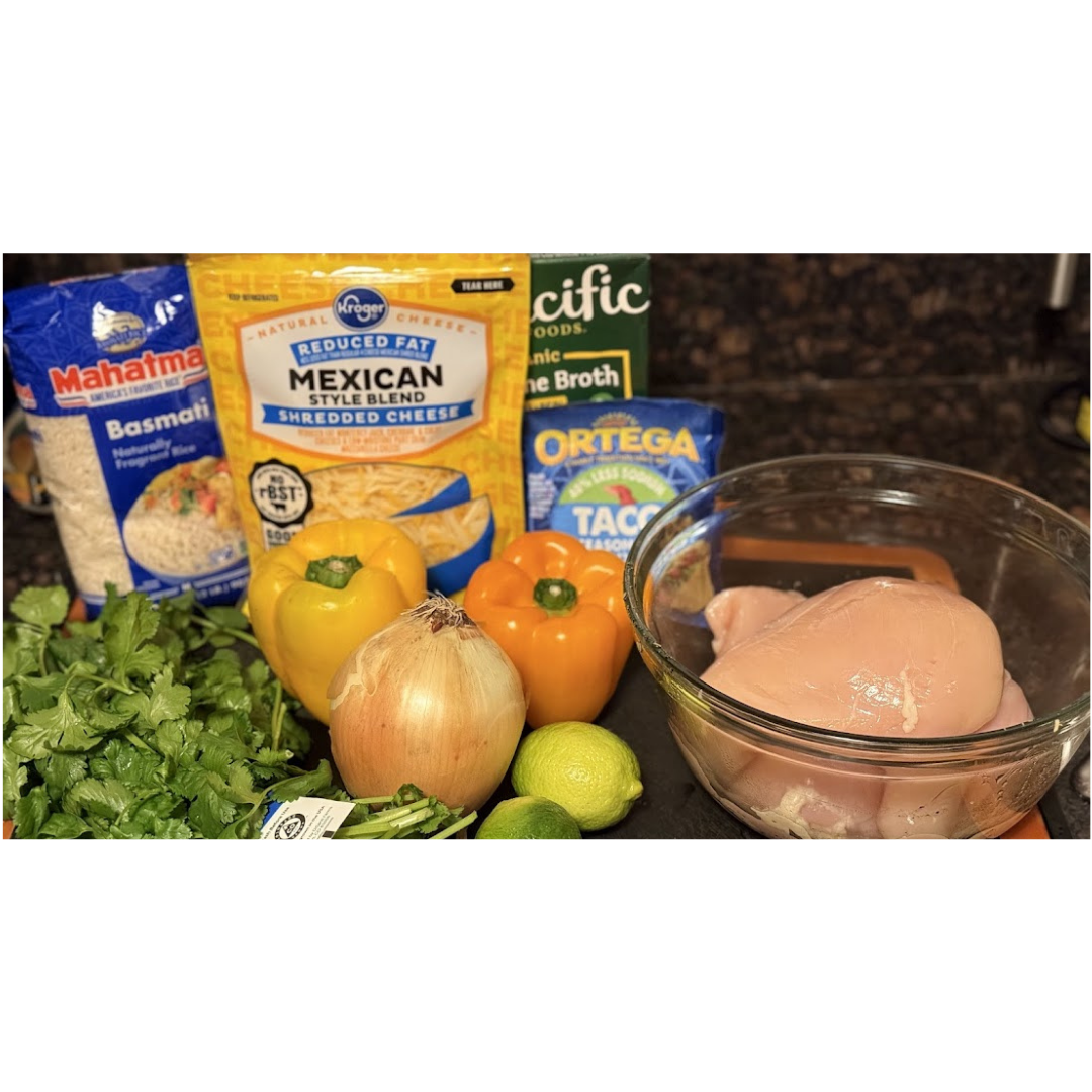 Chicken fajita meal prep ingredients including chicken breast, basmati rice, bell peppers, onion, cilantro, and taco seasoning — weekly meal prep for busy professionals