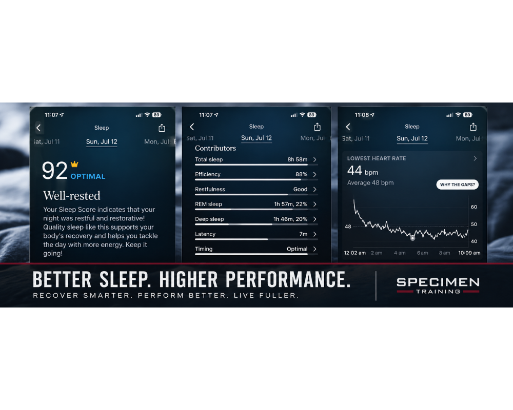 Oura Ring sleep dashboard showing a score of 92 Optimal with 8 hours 58 minutes of total sleep, 22% REM, 20% deep sleep, and a lowest heart rate of 44 bpm — an example of high-quality restorative sleep.