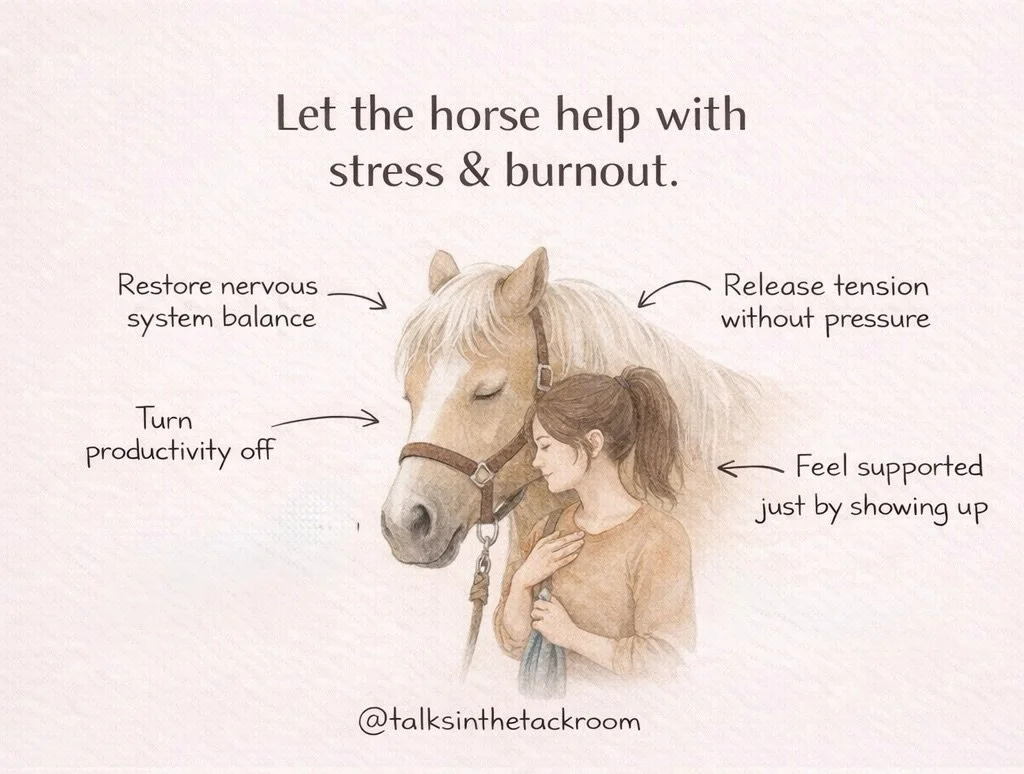 Stress and burnout build when the body stays in &ldquo;go&rdquo; mode for too long.

Equine-assisted therapy creates space to slow down, reset the nervous system, and practice regulation without performance or pressure. 

Horses respond to pace, pres