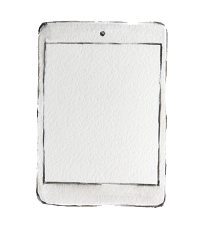 A drawing of a tablet or e-reader with a blank screen, depicted in a watercolor style.