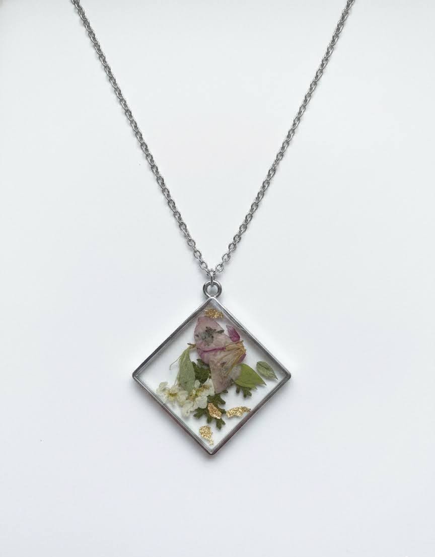 Multi-Color Floral Square Pendant Necklace
