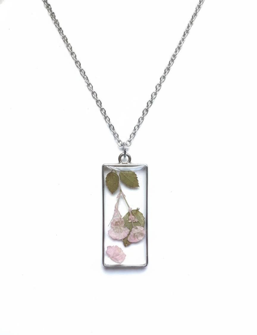 Light Pink Floral Rectangle Pendant Necklace