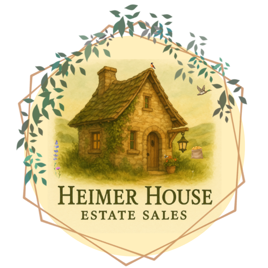 Illustration of a cozy stone house with ivy on the walls, surrounded by flowers and birds, with text 'Heimer House Estate Sales' below.
