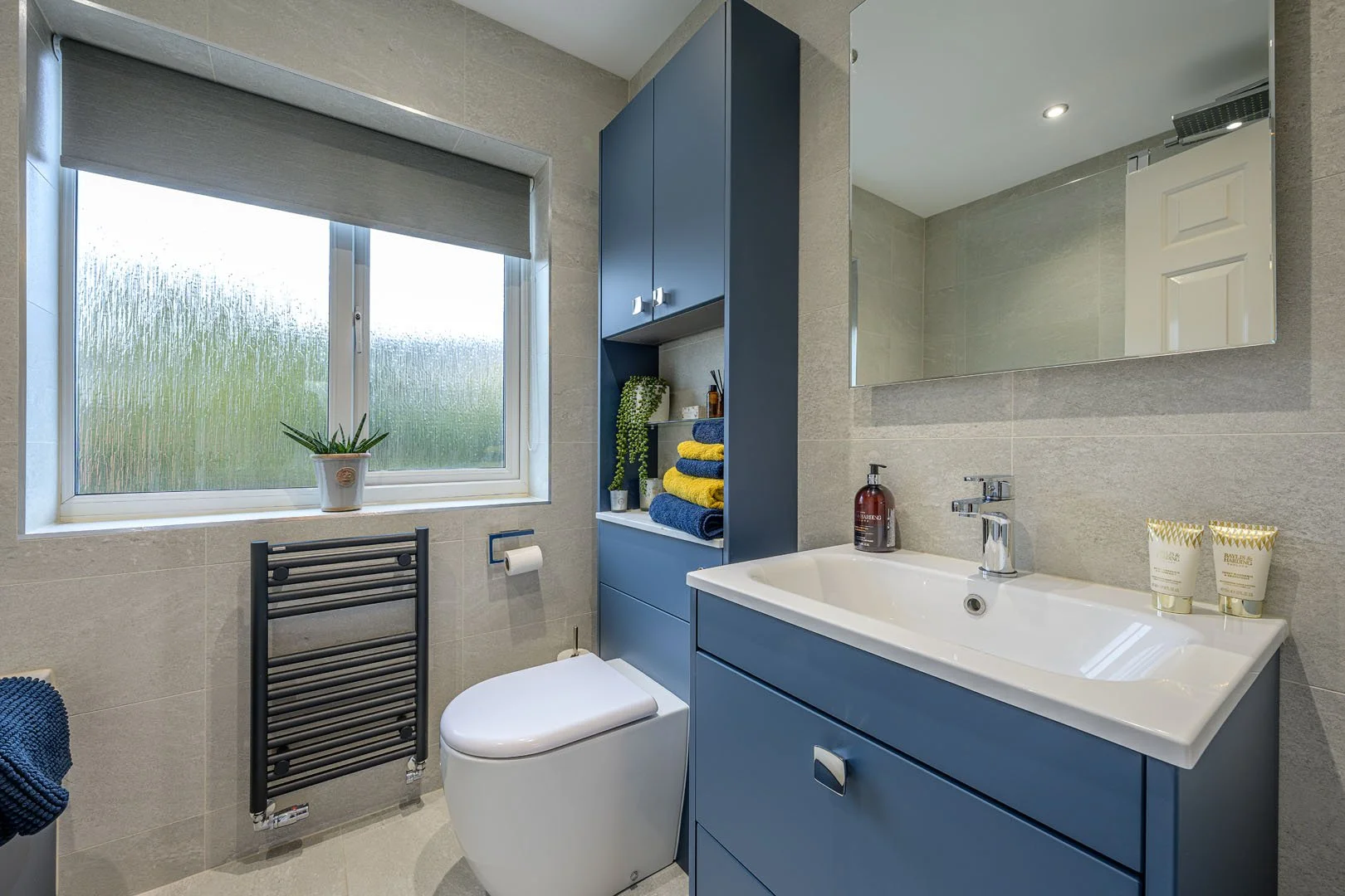 bathroom, blue, modern, dark radiator