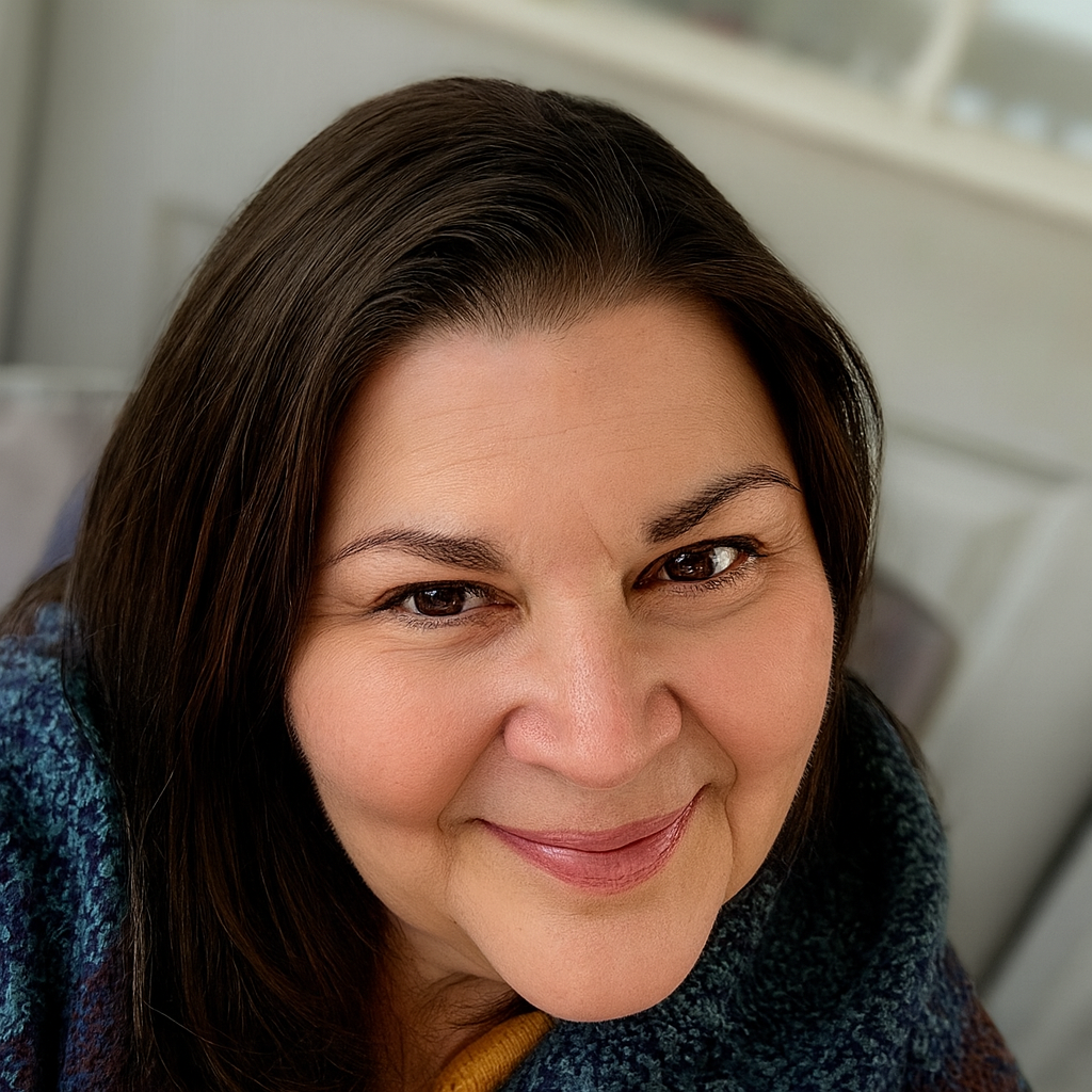 Close-up of a woman with shoulder-length brown hair and a gentle smile, looking up at the camera. She is wearing a dark, patterned sweater and is in a well-lit indoor setting.