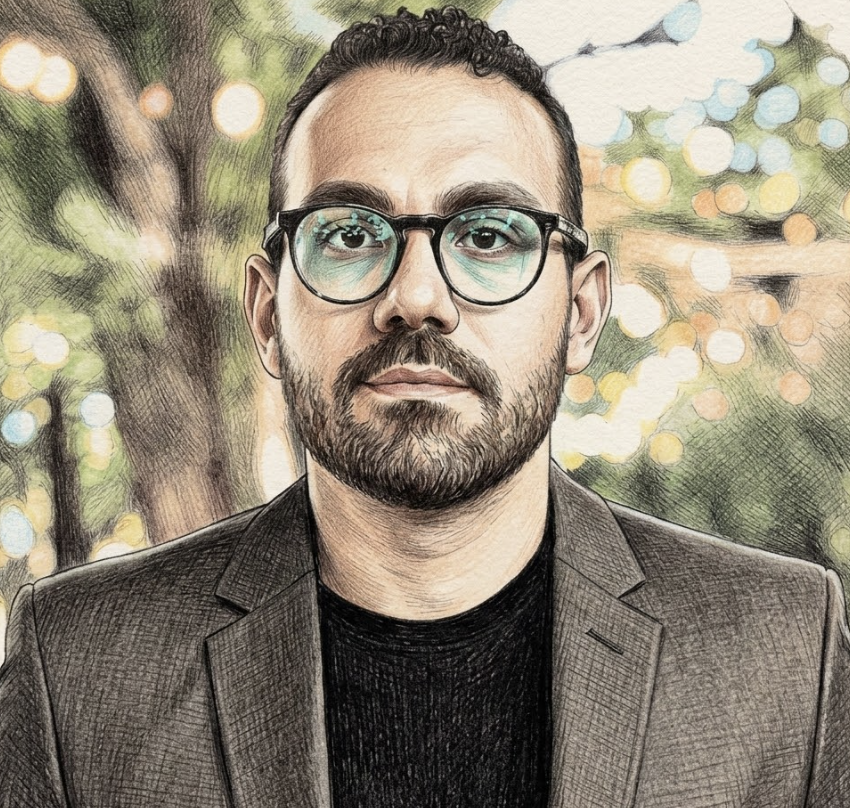 A smiling woman with shoulder-length black hair, wearing a blue top, standing among green plants in a greenhouse or garden setting.