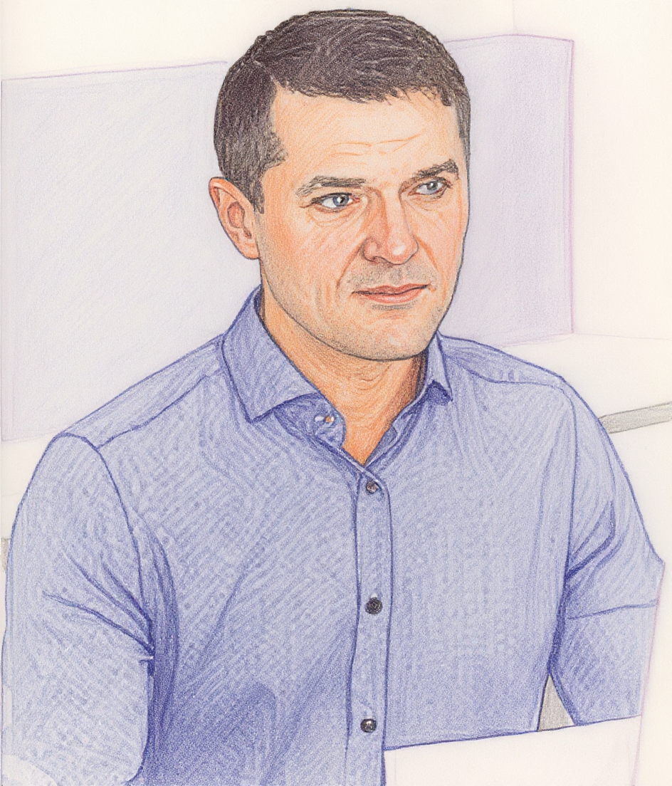 Drawing of a man wearing a blue button-up shirt with short dark hair, sitting at a desk against a plain background.