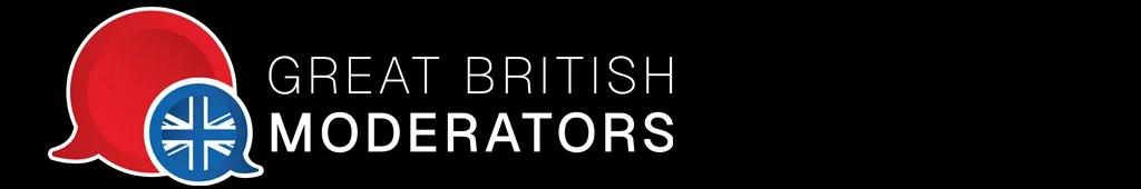 Jane Farnham Logo for Great British Moderators with two speech bubbles, one red and one blue, containing the UK flag.