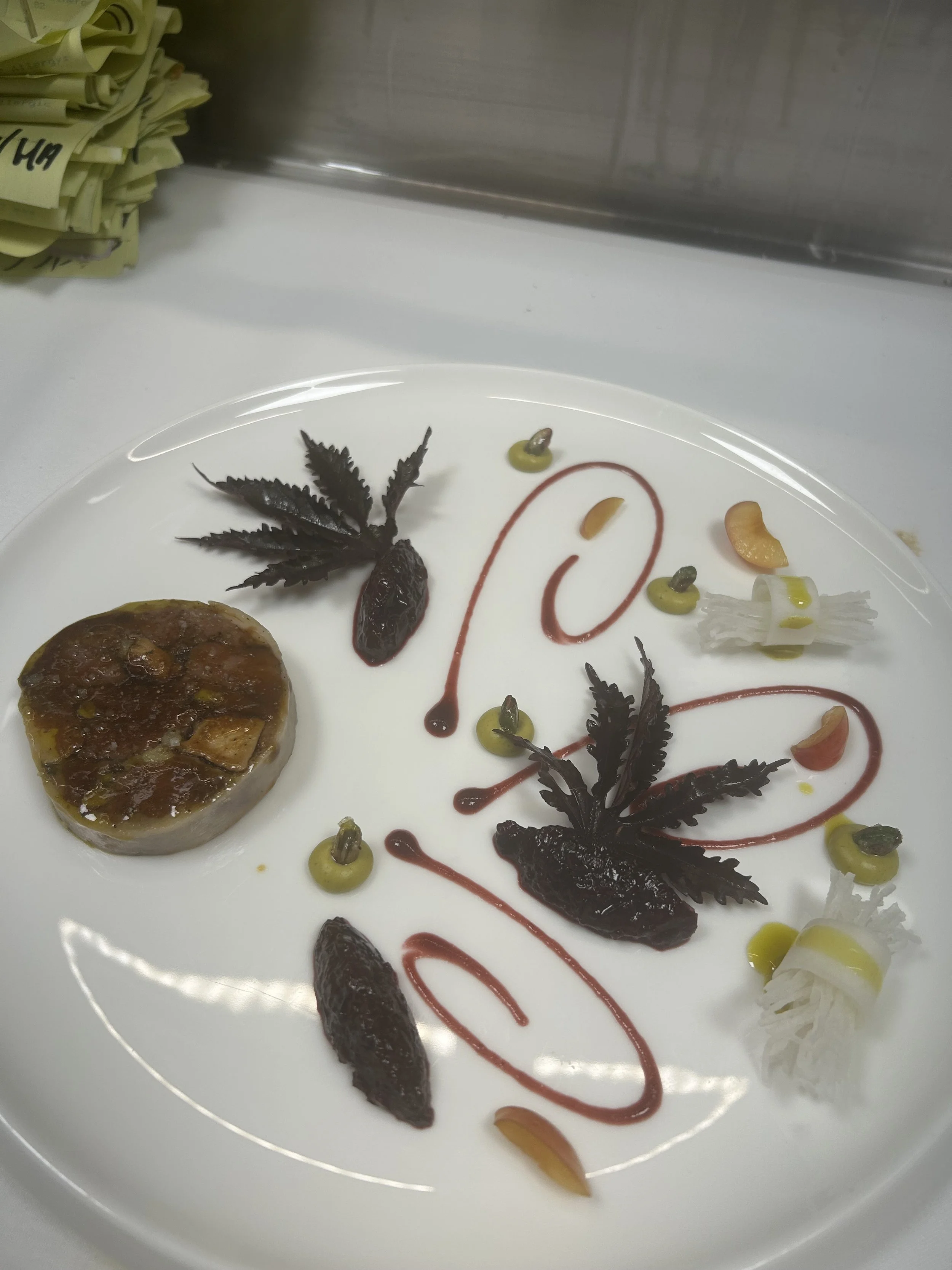 A dessert plate with a round caramel-colored dessert, dark chocolate leaves, green and pink decorative elements, white thin garnish, and red sauce drizzles.