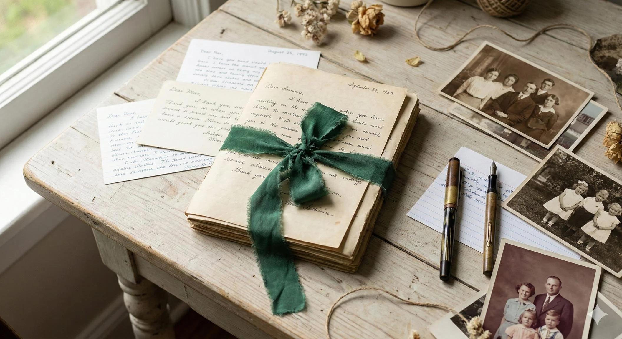 Vintage handwritten family letters tied with a dark green ribbon, surrounded by old photographs and fountain pens on a weathered wooden table.