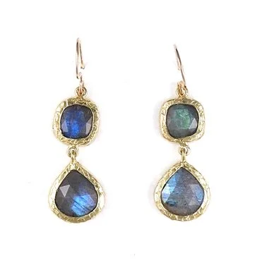  Simone 
 Labradorite slice double drop earring, textured bezels, RSE36