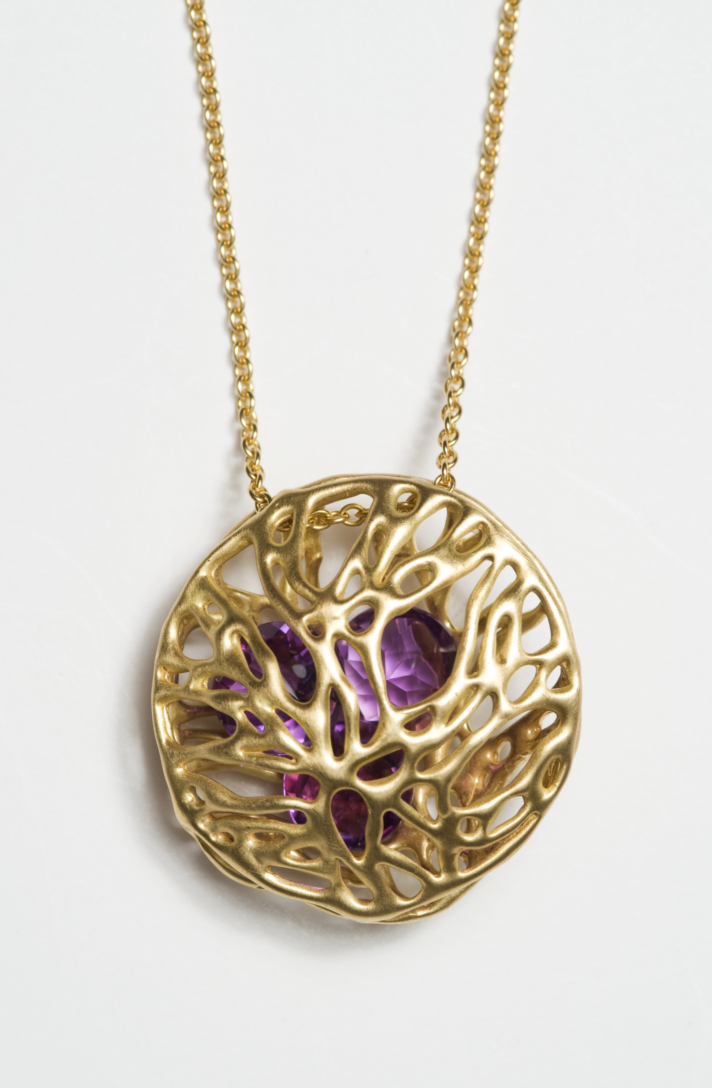  Phoebe 
 Large pendant with loose amethyst inside. Can be custom made with the birthstones of the wearer, spouse and/or children, MAZGN31A