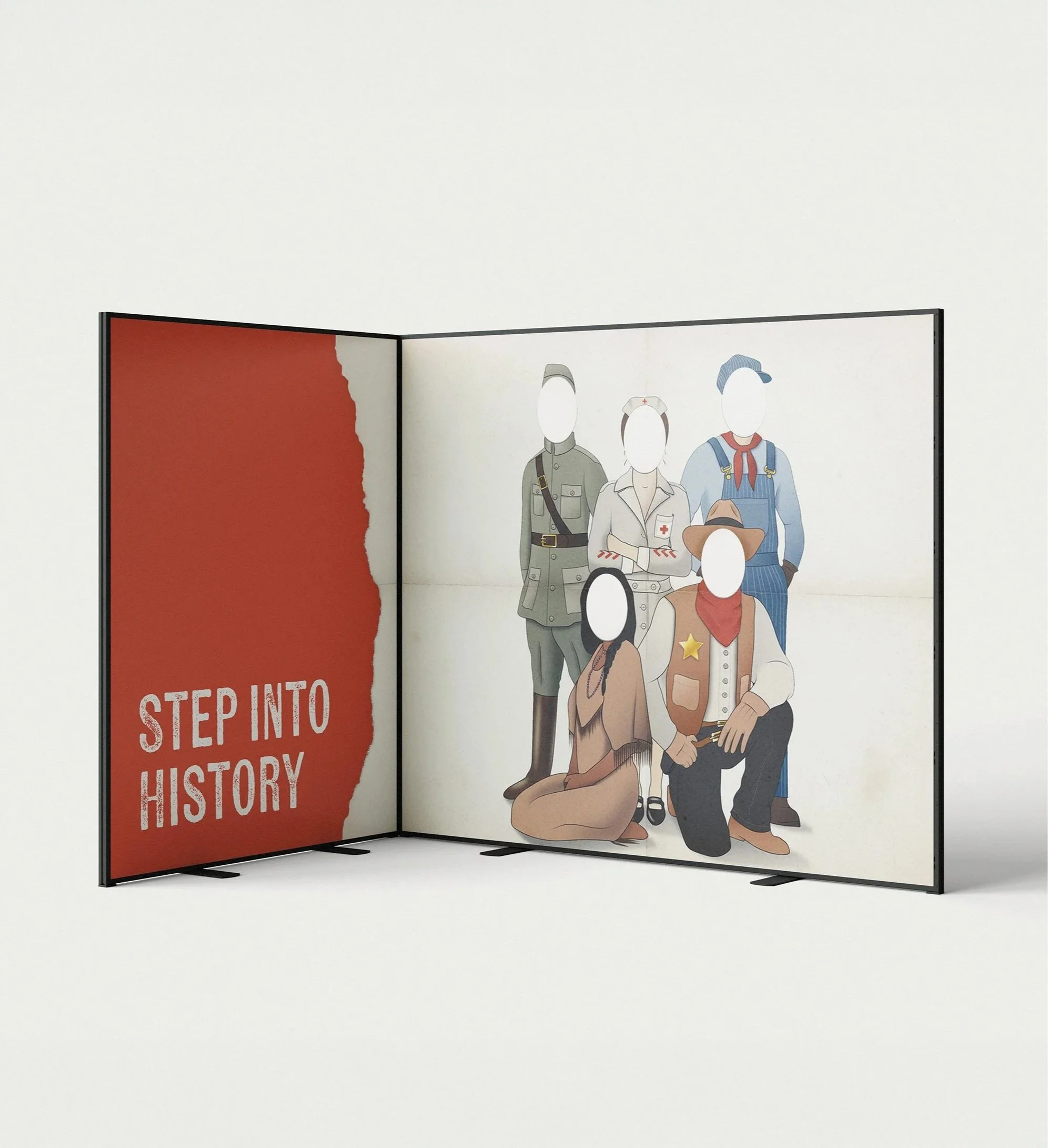 Product mockup of a photo stand-in display. The left side features a read background with white text that reads "Step Into History. The right side features figures: a soldier, nurse, conductor, native American and cowboy.