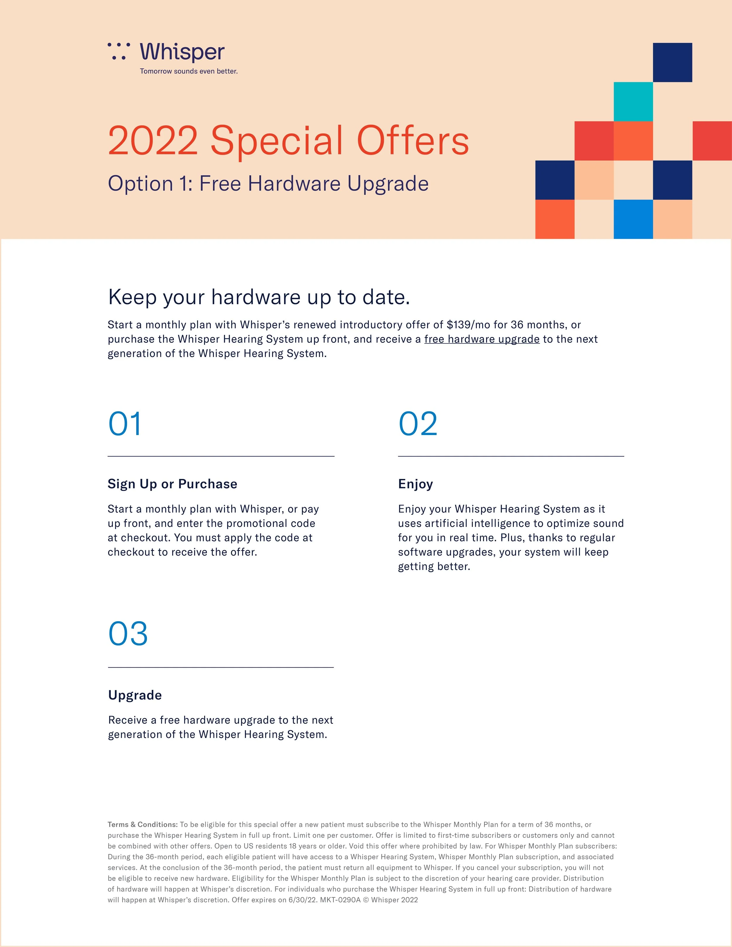 Page one of a Whisper Hearing System special offer flyer promoting a free hardware upgrade.