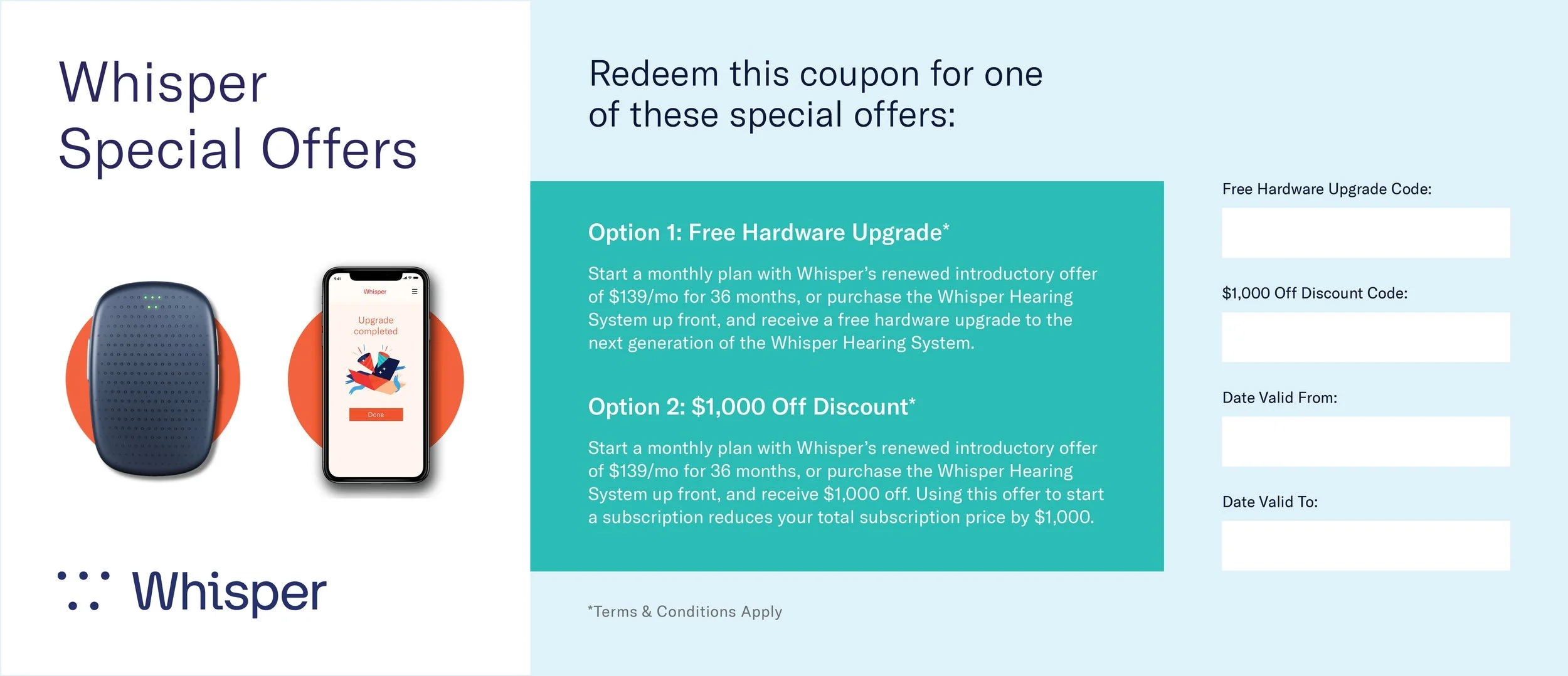 Front side of a Whisper Hearing System coupon mailer promoting two special offers. 