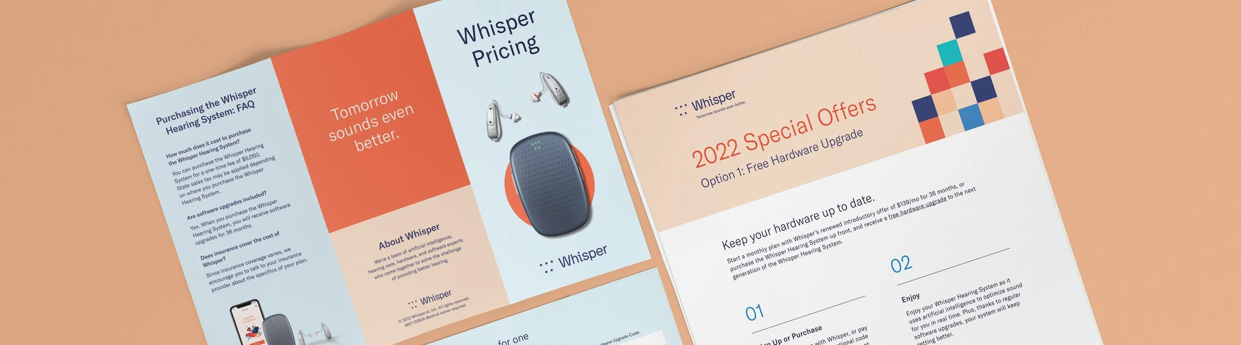 Various print materials for a hearing aid company, laid out on a table.