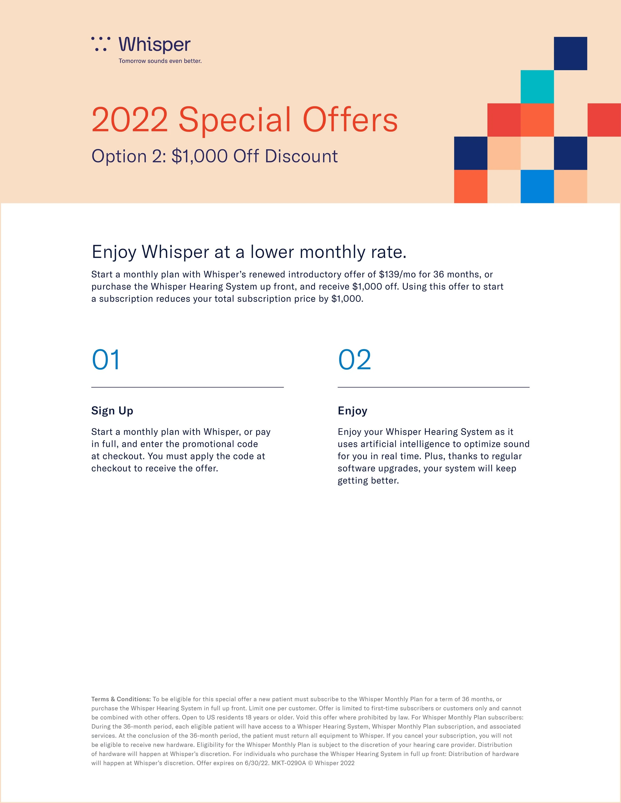 Page two of a Whisper Hearing System special offer flyer promoting a $1,000 off discount.