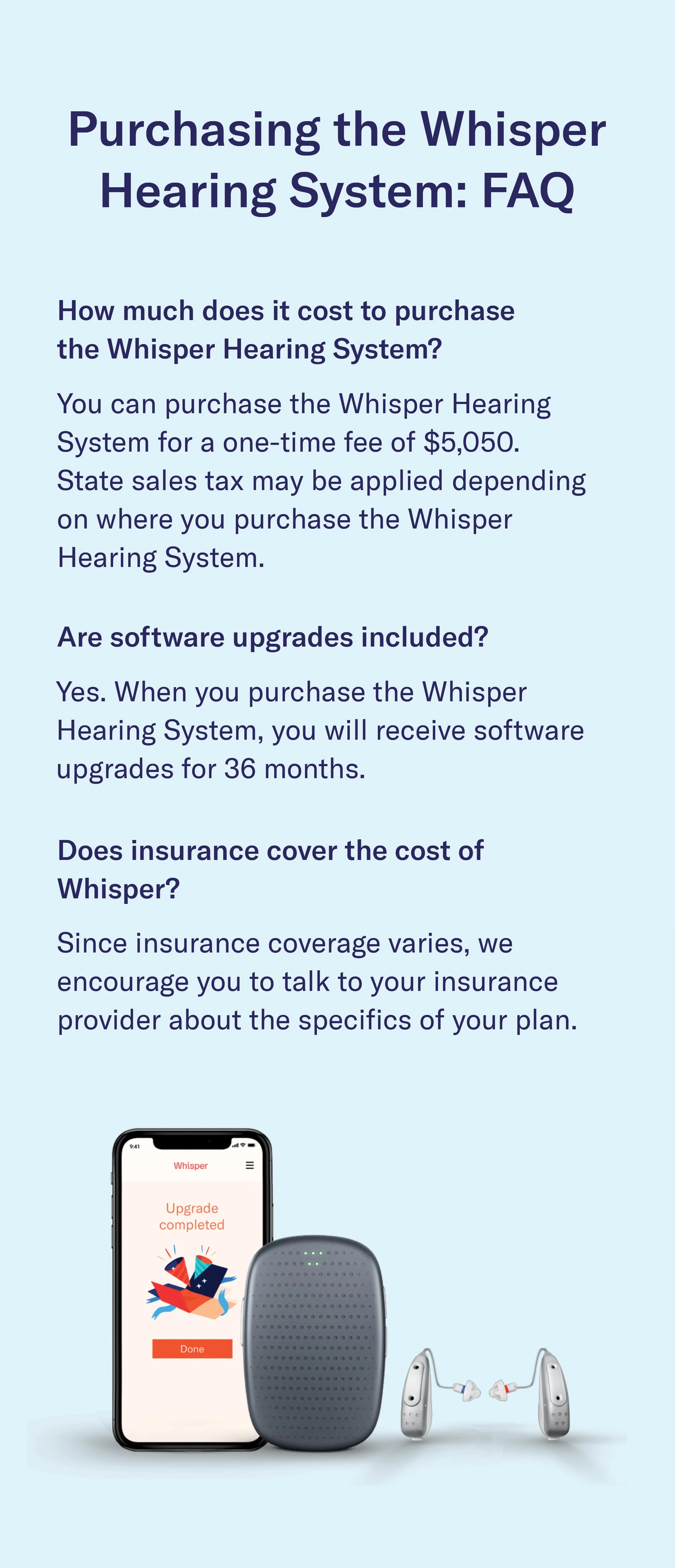Inner page of a Whisper Hearing System pricing brochure featuring purchasing FAQs.