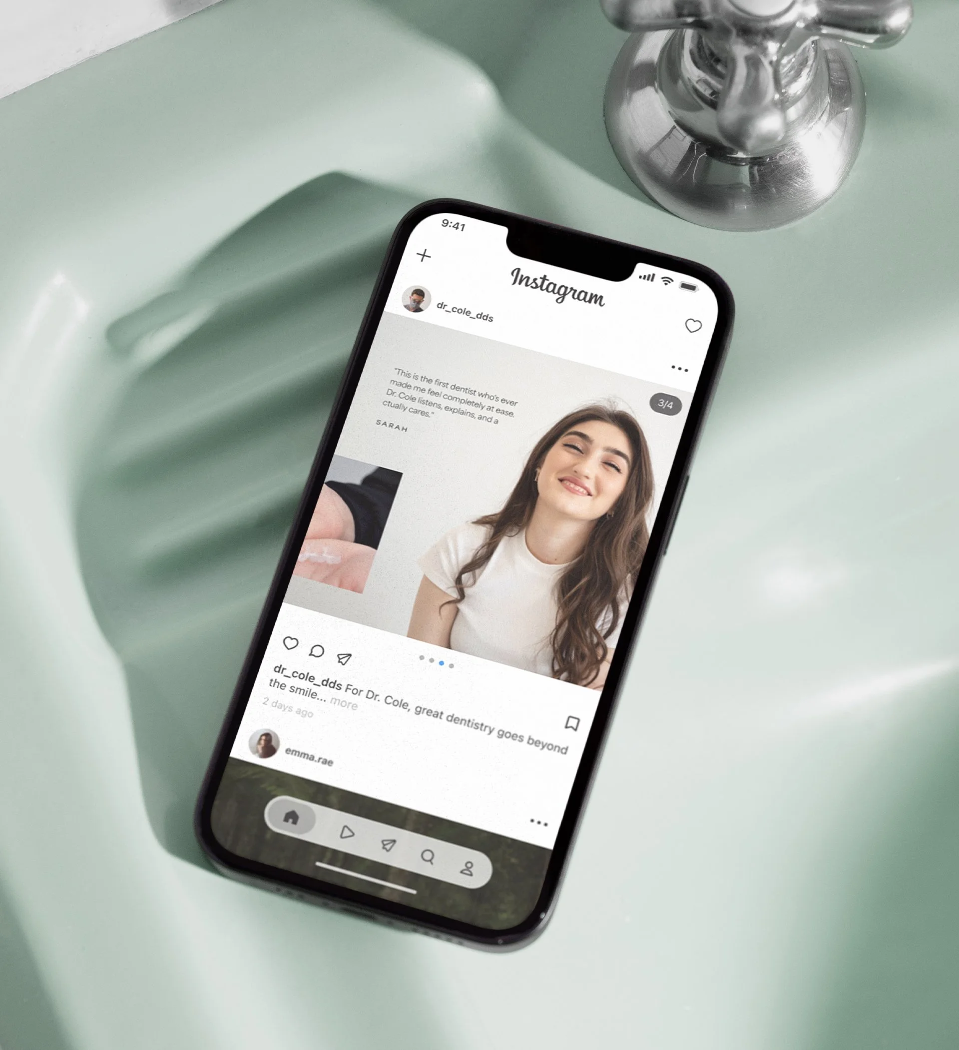 A phone sitting on the edge of a sink, showing an Instagram post for a dental practice.