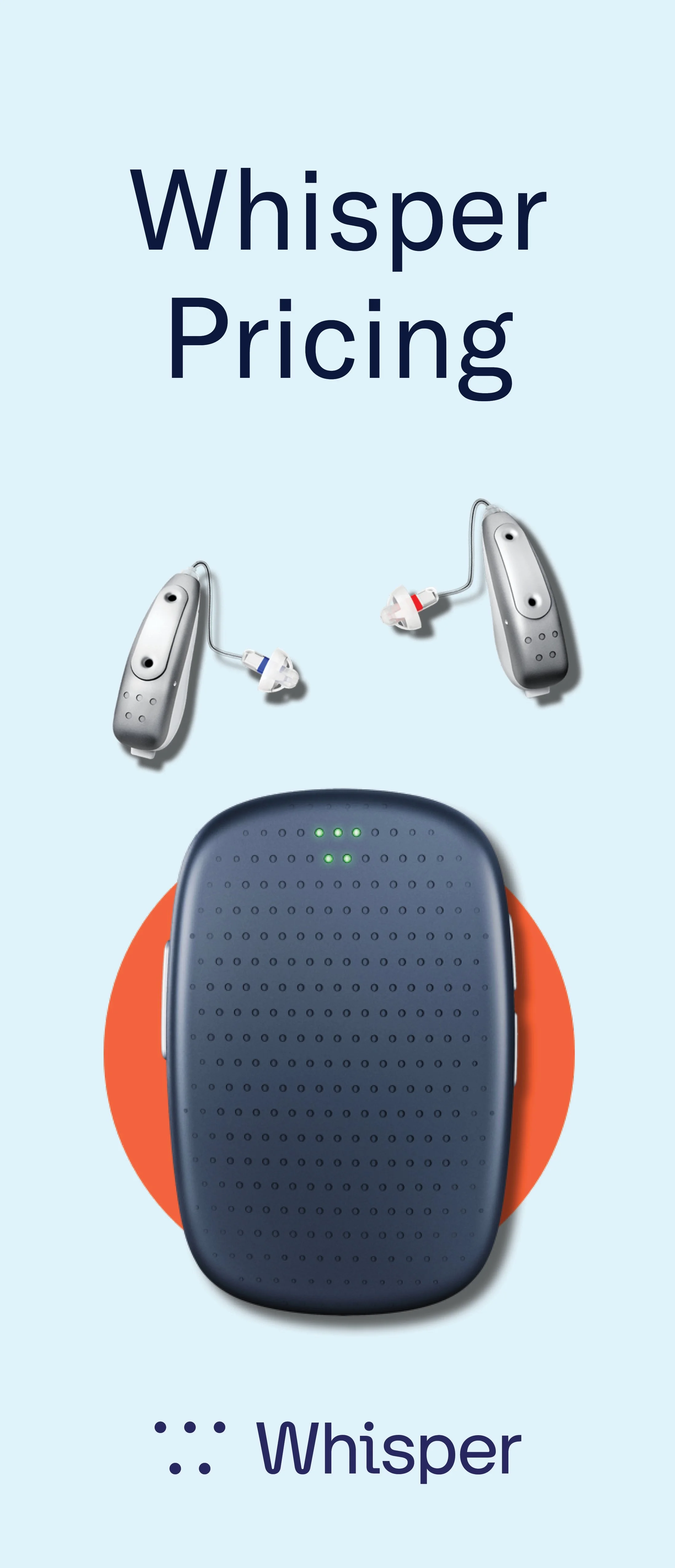 Front page of a Whisper Hearing System pricing brochure.