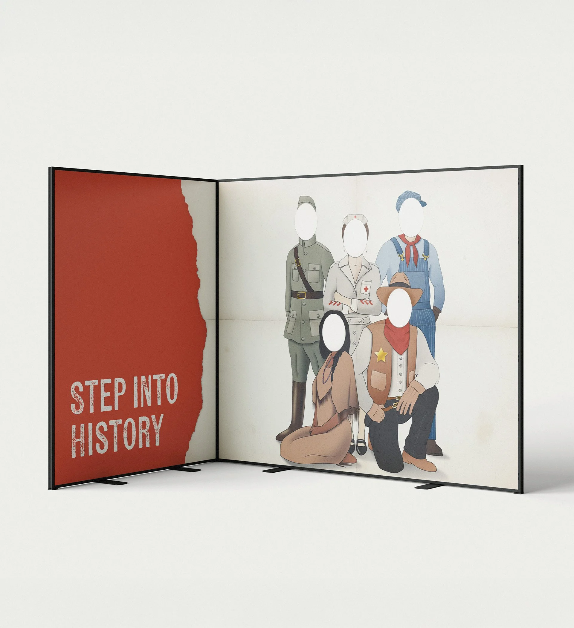 A product mockup for photo stand-in display. The left side features a red background with white text that reads "Step Into History". The right side features five figures: a soldier, nurse, conductor, native American and cowboy.