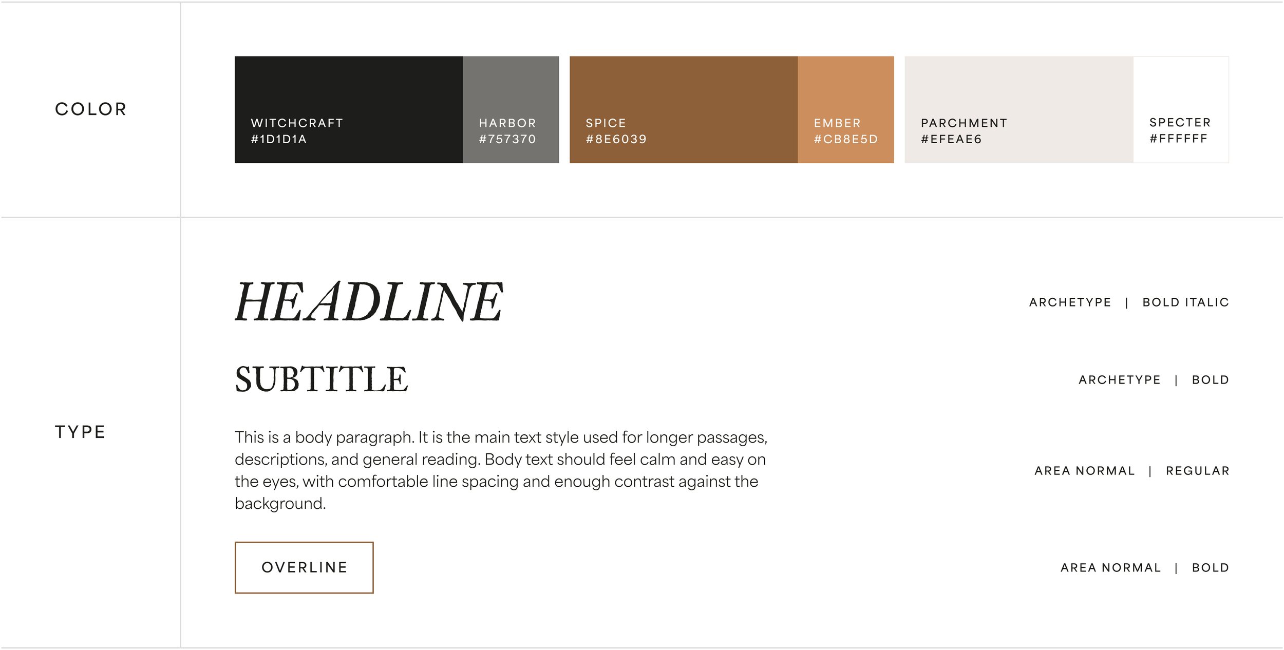 Brand guide showing colors and typography.