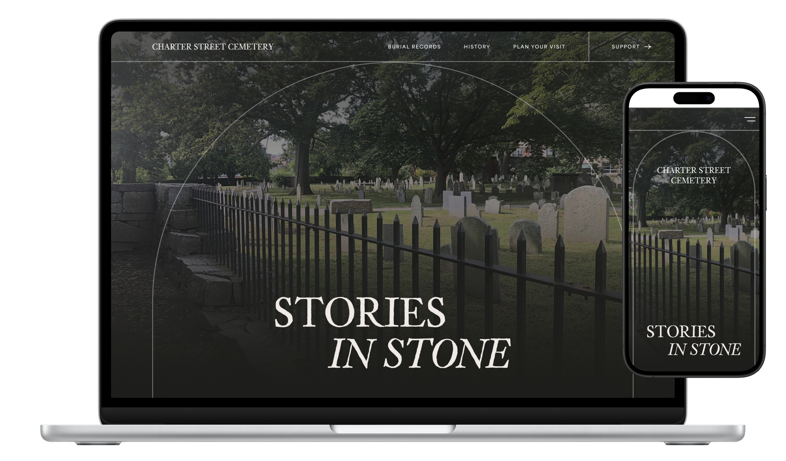 Laptop and phone screen showing the Charter Street Cemetery website homepage.