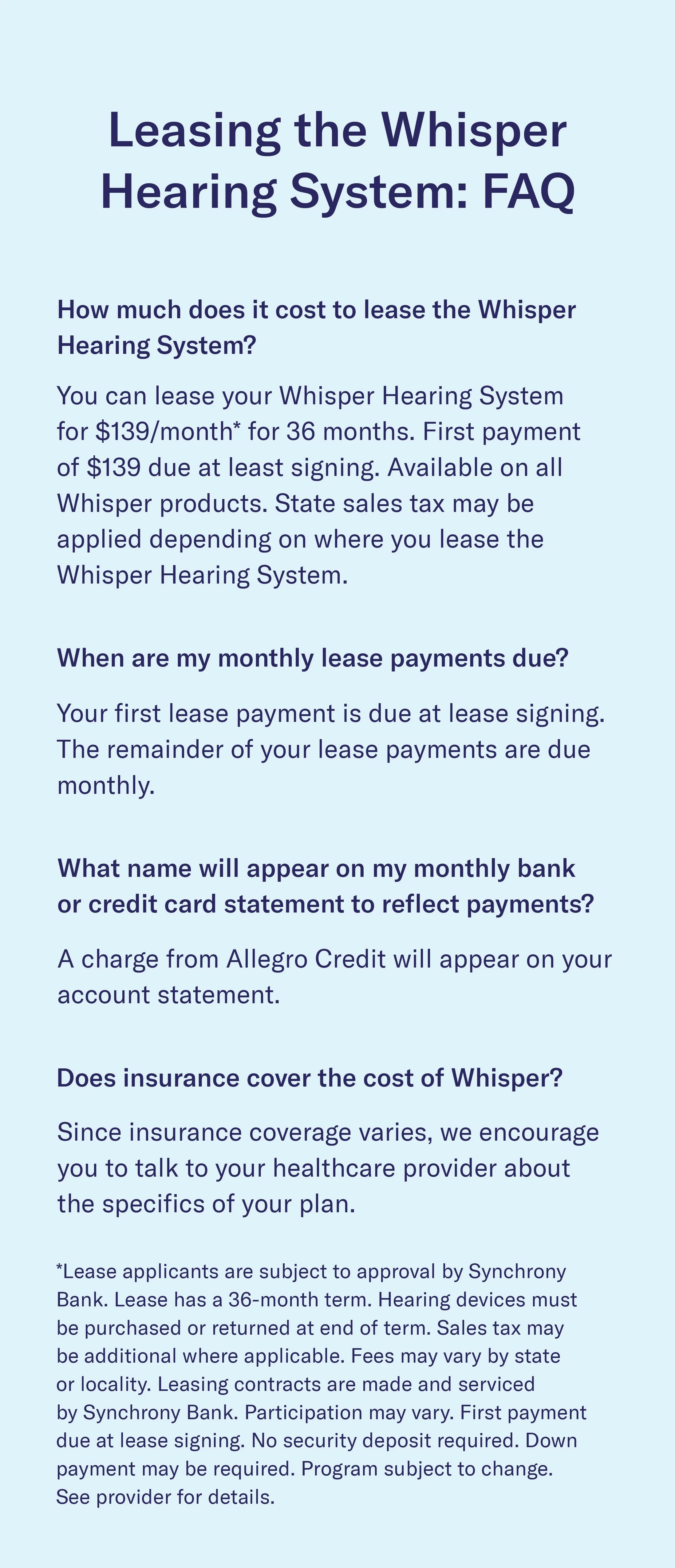 Inner page of a Whisper Hearing System pricing brochure featuring leasing FAQs. 