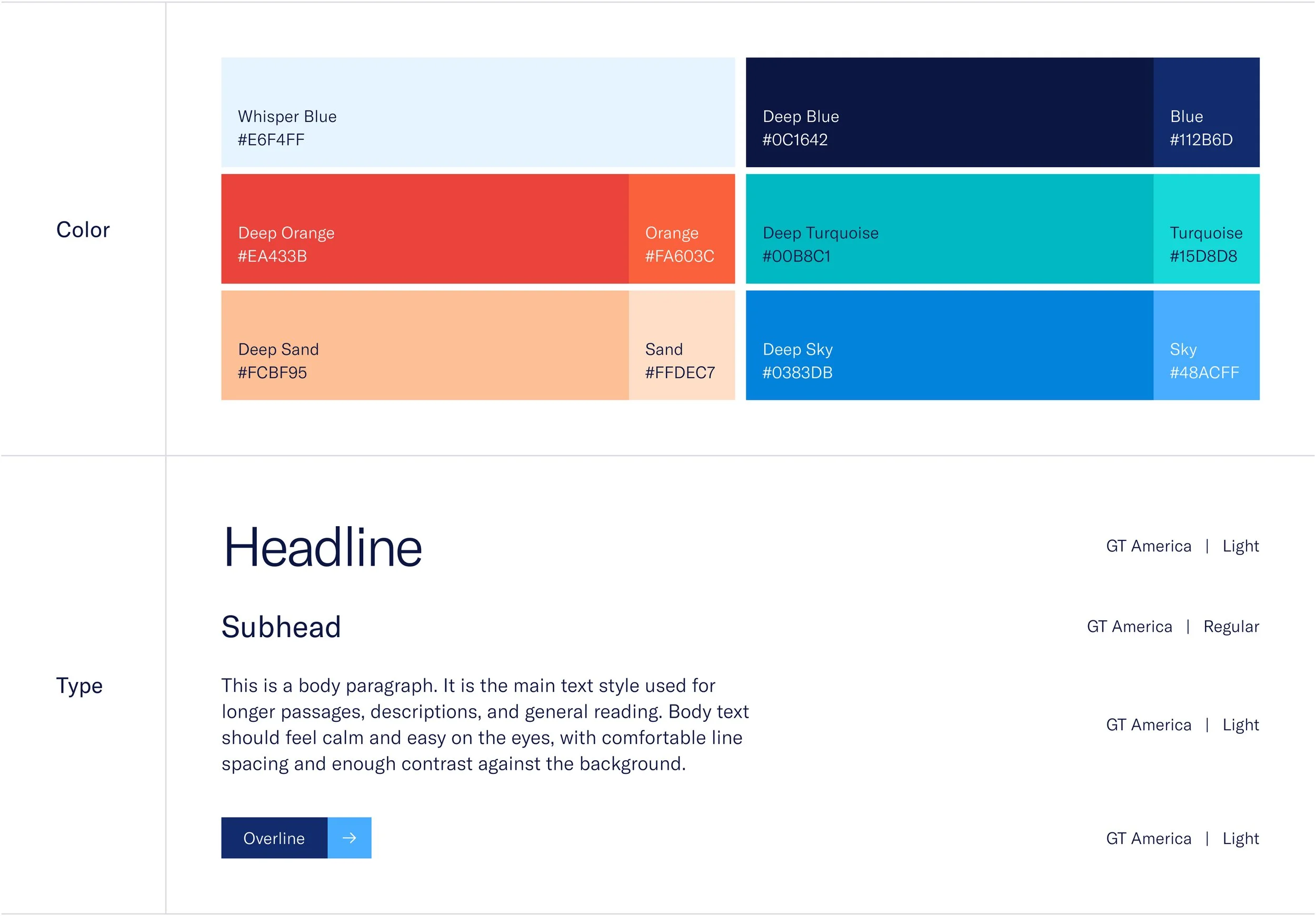 Brand guide showing colors and typography.