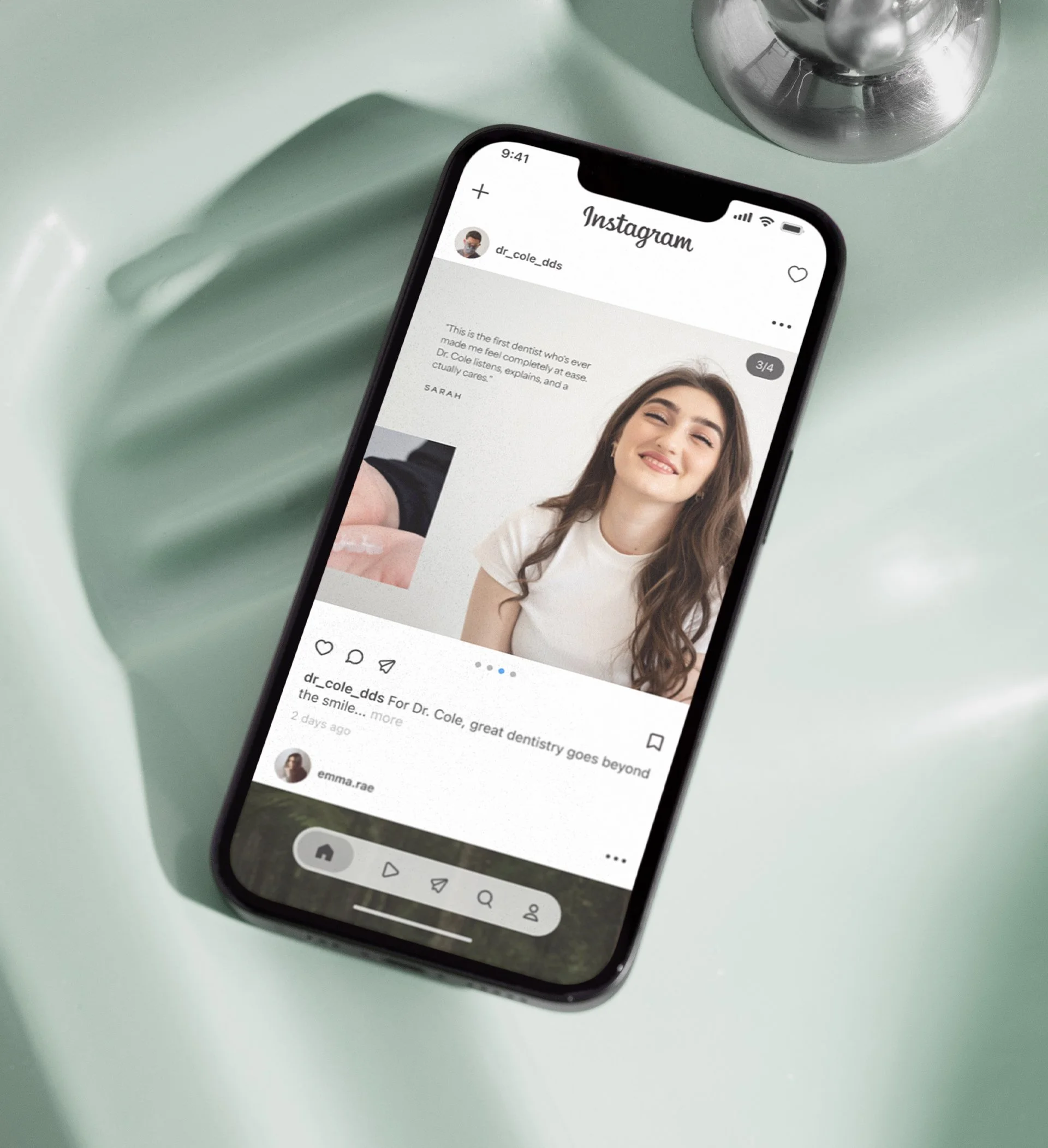 A phone sitting on the edge of a sink, showing an Instagram post for a dental practice.