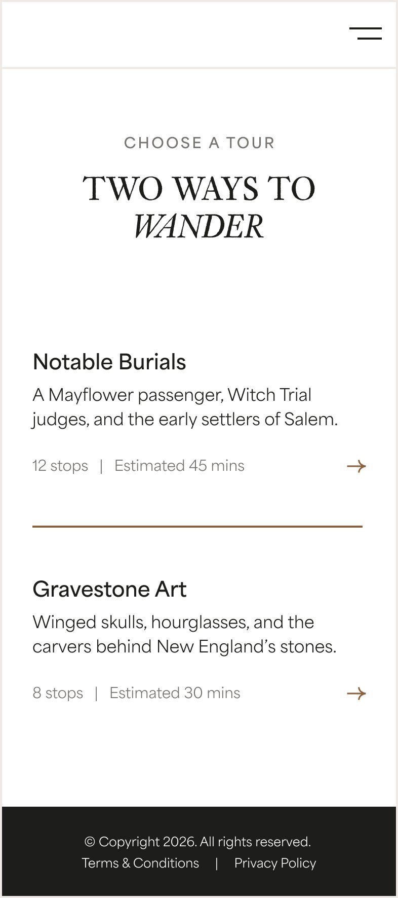 Self Guided Tour Selection Screen
