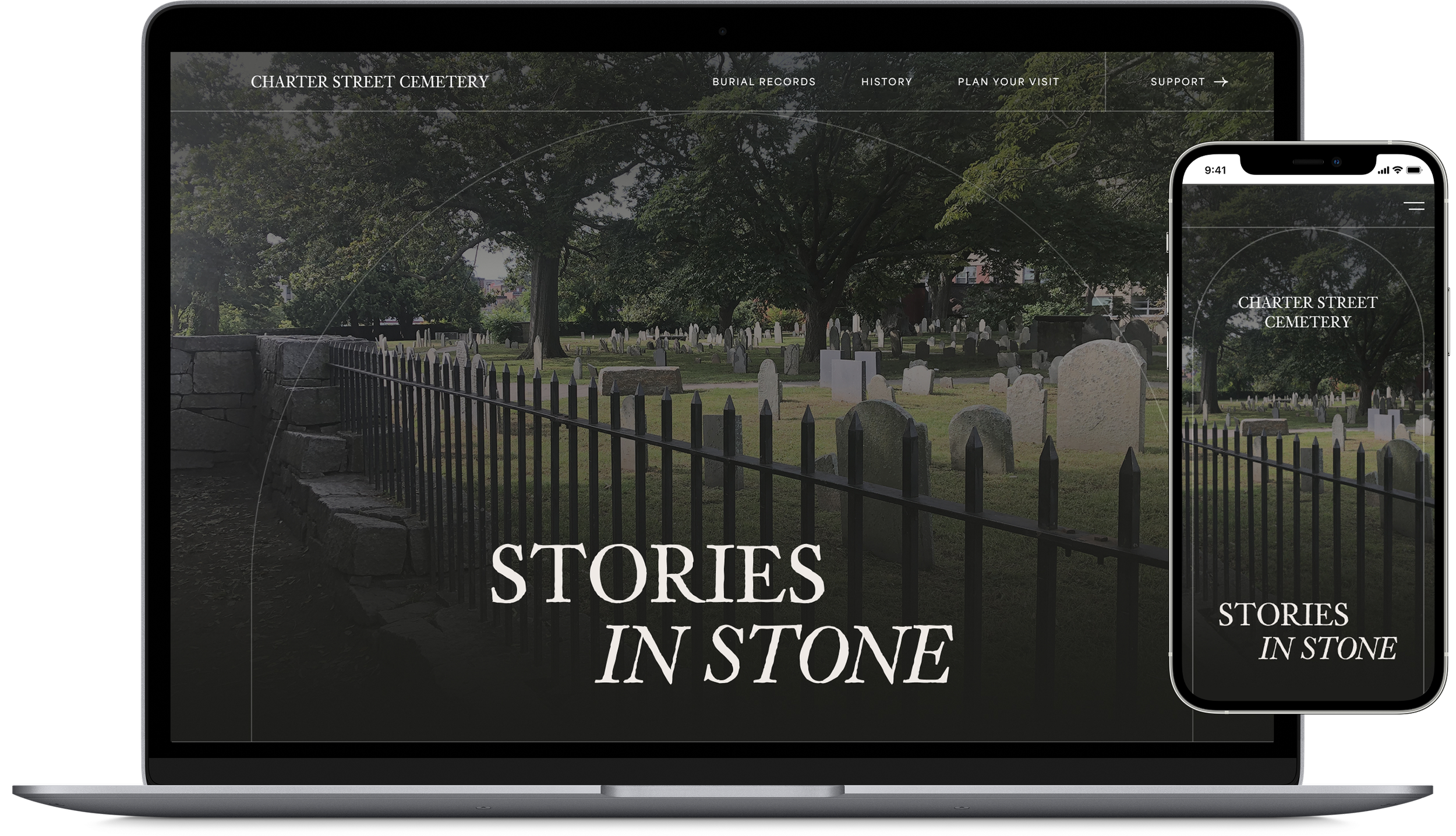 Laptop and phone screens showcasing a new redesigned website for Charter Street Cemetery.