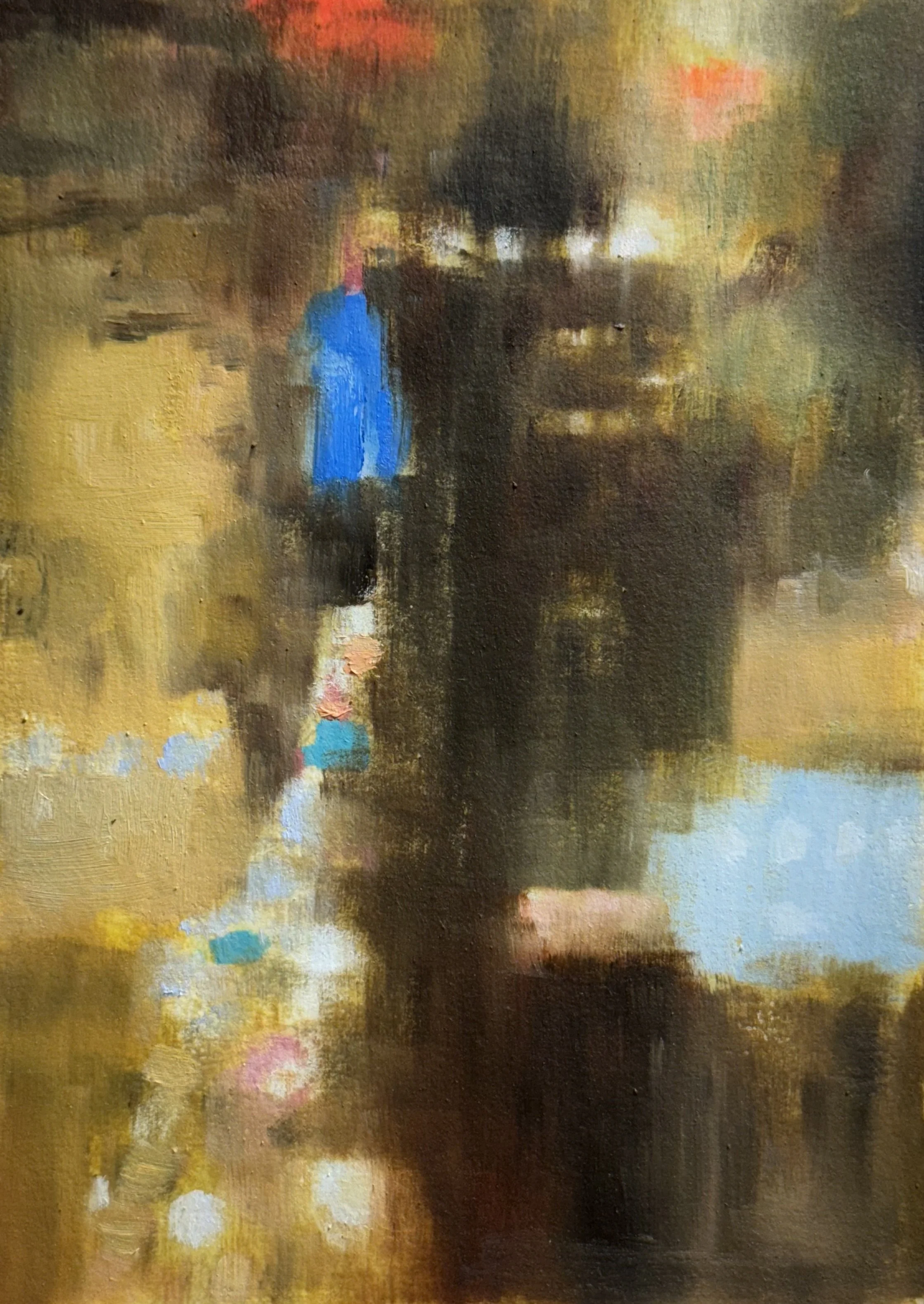 An abstract painting with blurred reflections of colorful lights on a wet surface, as would be seen through a wet window in a high rise at night.