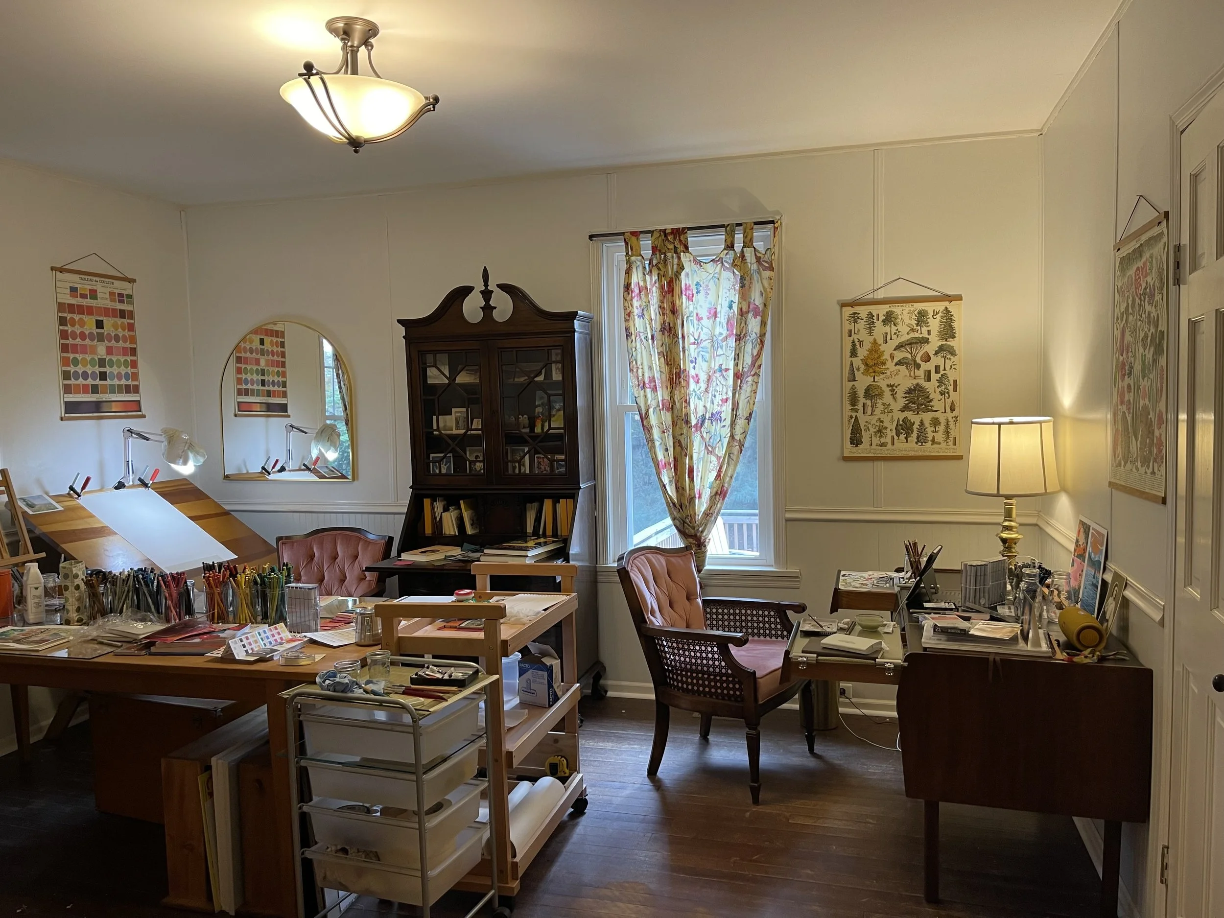 The home studio was prim and even pretty. Then it became overrun. I had things drying on the bushes outside and lining the halls. My first expansion before the industrial space was into the dining room and my consulting office space. That served its 