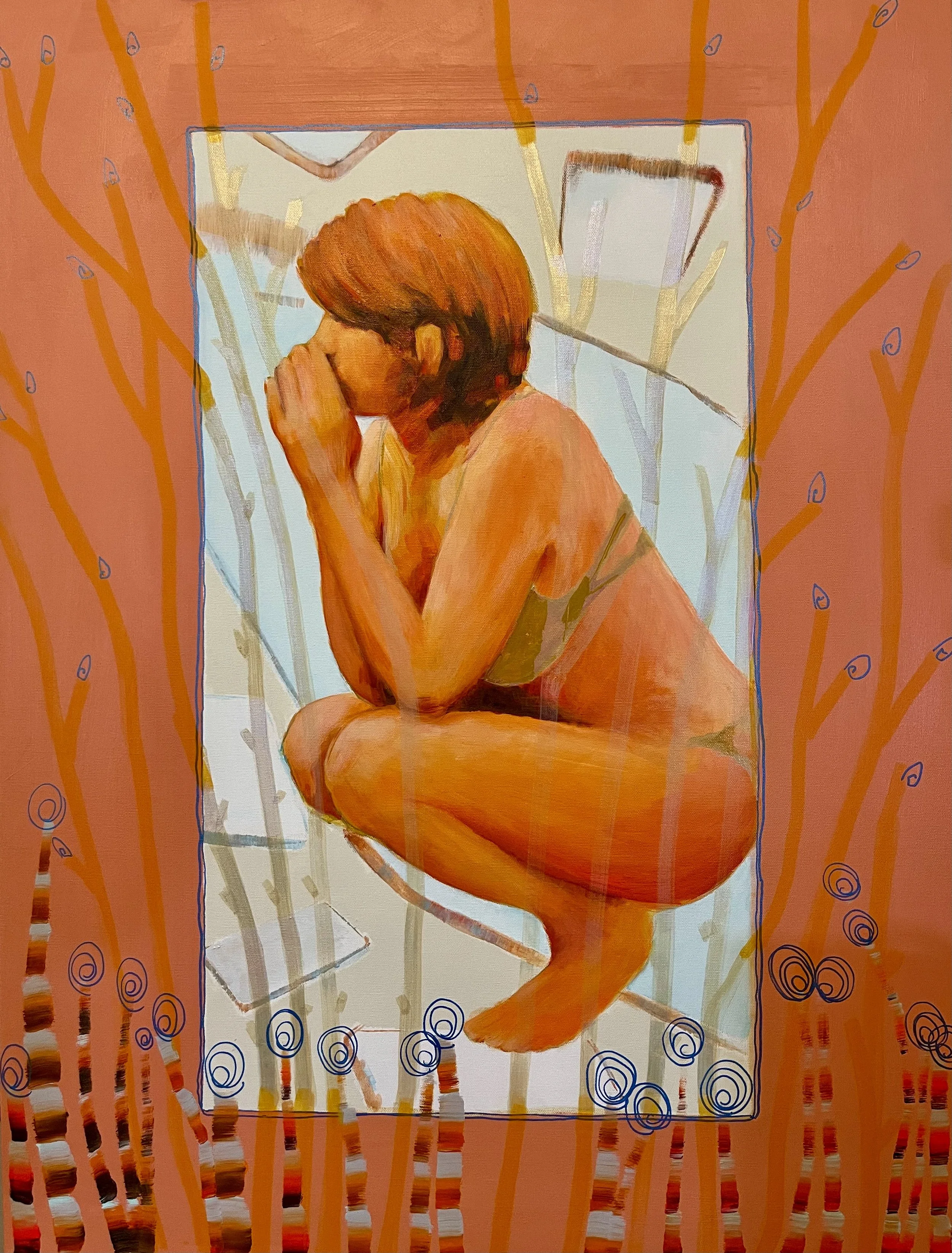 A painting of a woman with short hair, implied as being at a pool, perhaps with others, sitting squatting in a neutral space, with phones floating around her and natural world elements outside, as if only decorative, framing.